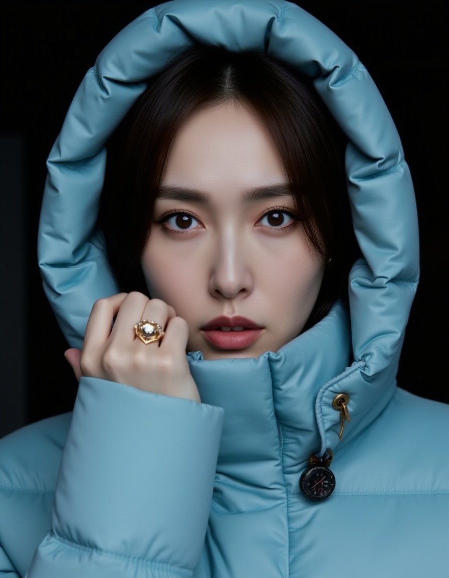 This is a photograph of a young Asian woman with fair skin, dark brown hair, and expressive eyes. She wears a light blue, puffy winter coat with a hood that she holds up with her left hand, revealing a gold ring on her ring finger. The background is dark, emphasizing her face and the texture of the coat. The image captures a sense of mystery and calm.