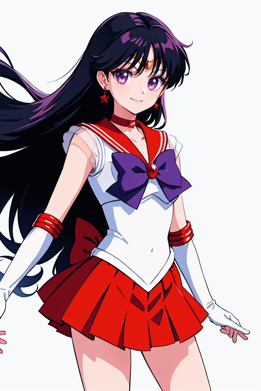 masterpiece,best quality, highly detailed, sailor mars,1girl,sailor senshi uniform,solo,red sailor collar,red skirt,star (symbol),white gloves,star earrings,pleated skirt,magical girl,elbow gloves,looking at viewer,tiara,smile<lora:sailor_mars:1>,simple background,white background