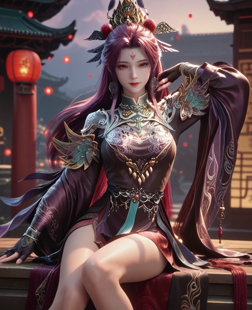 (oriental architecture, elegant decor, sophisticated style:1.1),(sitting with her back arched:1.1),(breasts:1.2),<lora:XL16牧神记司幼幽:0.95>,miss siyouyou,aubergine tiered gown,brown eyes,forehead mark,red violet hair,very long hair,traditional chinese updo with long cascading hair,jewelry,wide flowing sleeves,shawl,black fingerless gloves,amaranth underskirt,, score_9,score_8_up,score_7_up,score_6_up,score_5_up,score_4_up,3d rendering,tag1,tag2, Cinematic Lighting,backlighting,