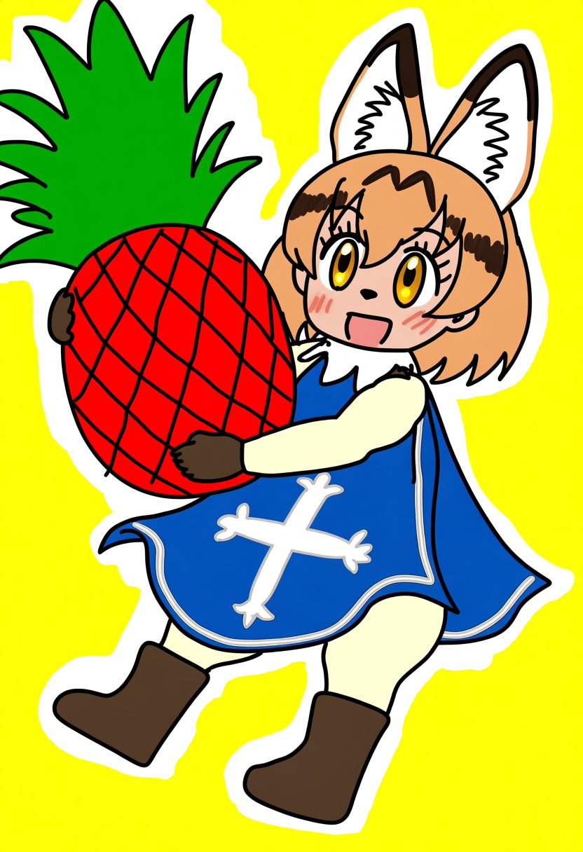 @nekonitankobu. Girl Serval from Kemono Friends is depicted in cheerful cartoon illustration style,  dressed as a musketee...