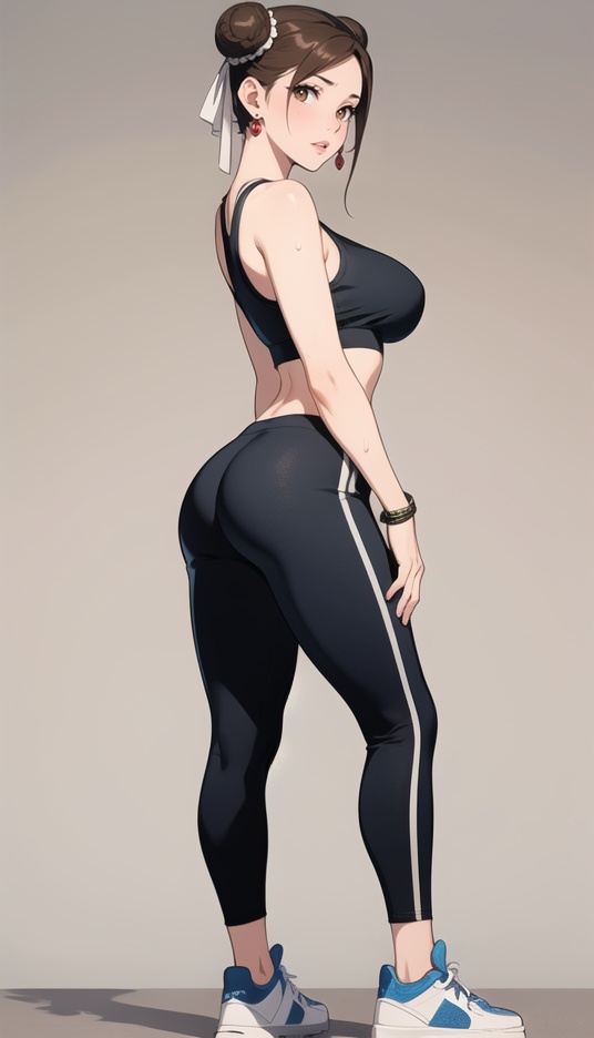 (best quality), ((masterpiece)), (highres), illustration, original, extremely detailed,1girl, chun-li, solo, double bun, hair bun, ass, full body, pants, sneakers, shoes, bun cover, earrings, breasts, sweat, jewelry, yoga pants, short hair, sports bra, black hair, brown eyes, standing, crop top, **** top, large breasts, simple background, lips, midriff, casual, white footwear, brown hair