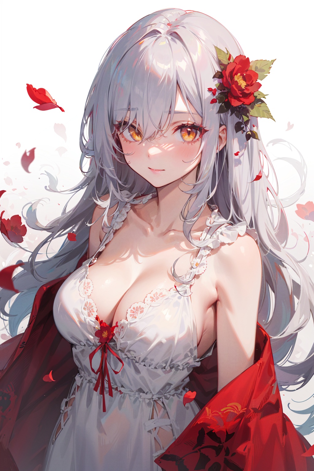 masterpiece,best quality,1girl,solo,looking at viewer,silver hair,yellow eyes,beautiful and detailed face,evil smile,upper body,collarbone,collarbone,large breasts,white long translucent night gown,expressionless,hair cover one eye,long hair,red hair flower,standing,blood,(plenty of red petals:1.35),white background,simple background,