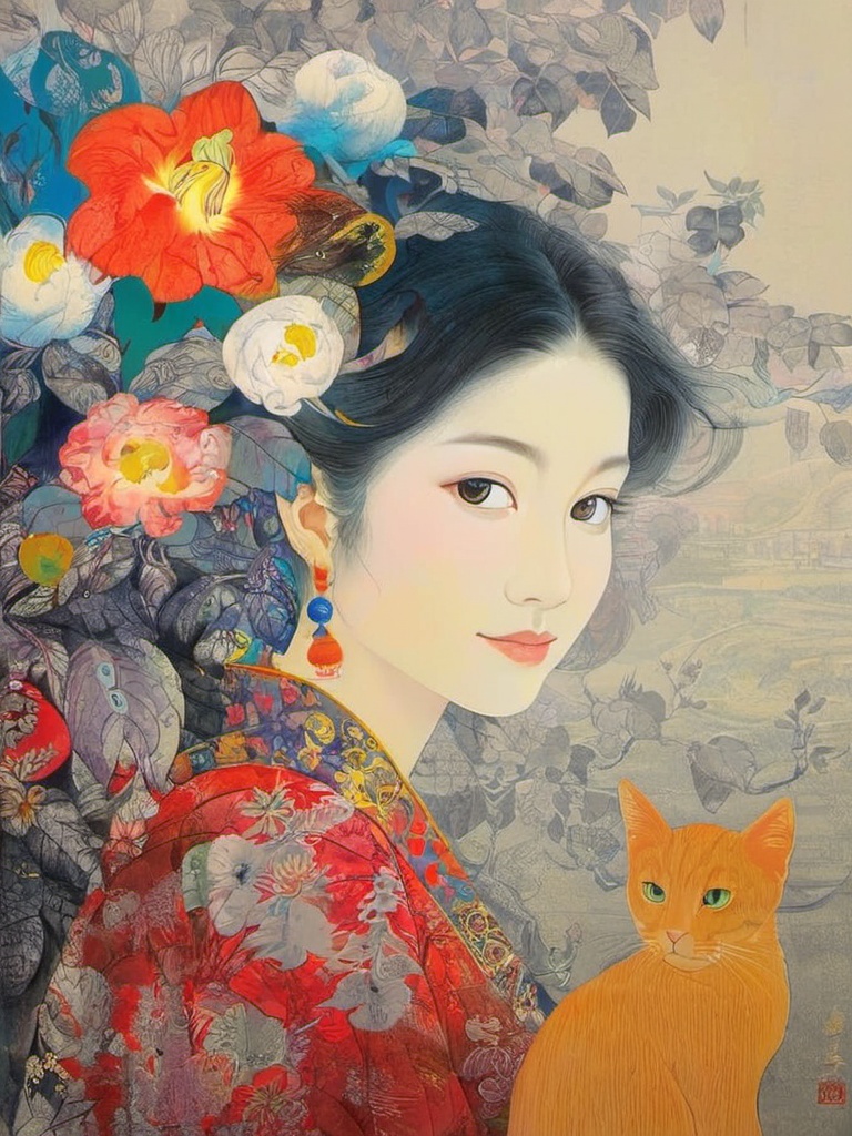 yancai,1girl,cat,flower,line drawing,vibrant colours,<lora:yancai_0412:0.8>, masterpiece, best quality,