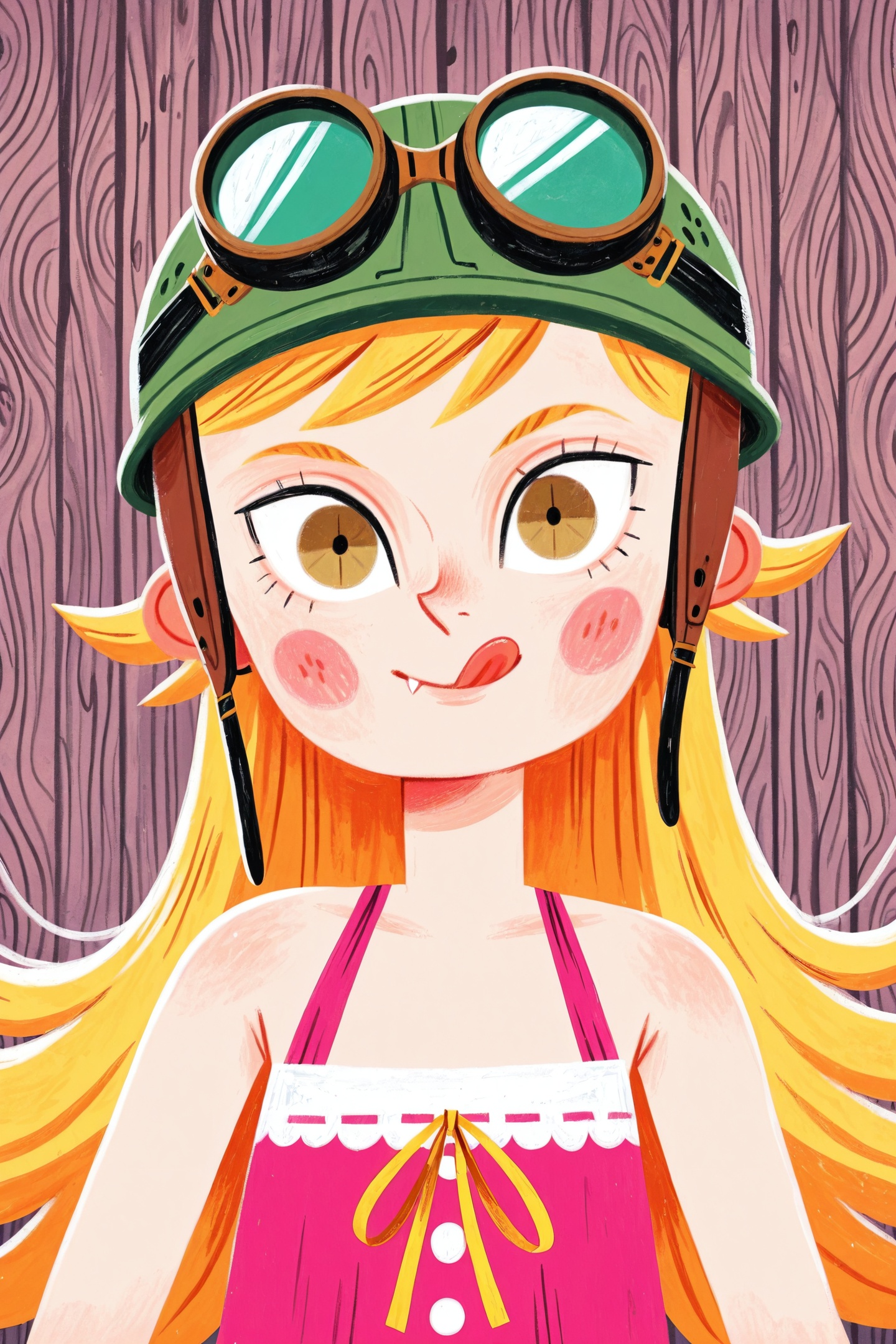 David Sierra Liston Style,1girl,oshino shinobu,solo,long hair,blush stickers,helmet,yellow ribbon,goggles,tongue,tongue out,dress,fang,looking at viewer,:p,goggles on headwear,upper body,bare shoulders,<lora:David Sierra Liston_illustriousXL:1>,