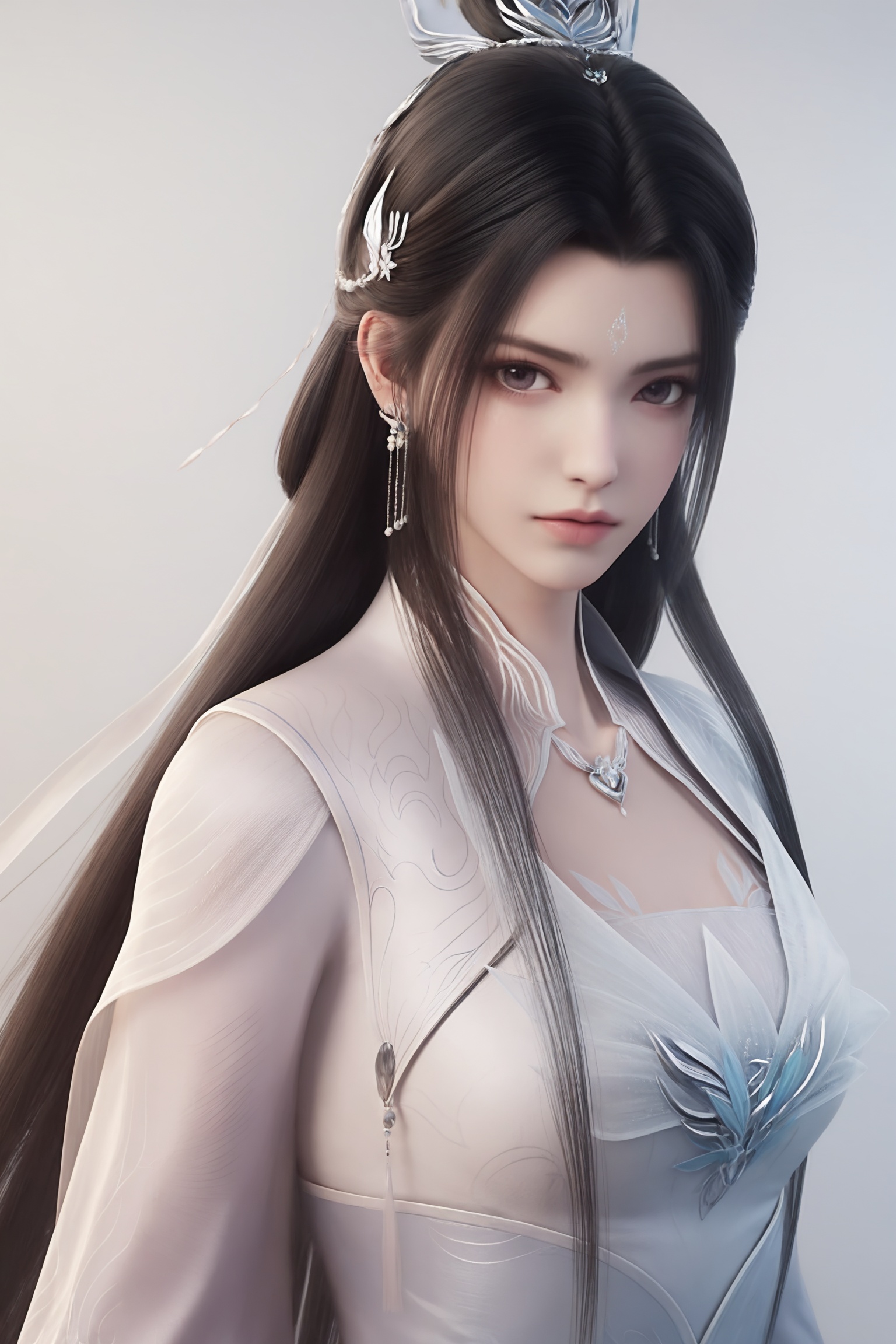 photo realistic,masterpiece,best quality,soft glow,skin texture,realistic stylewhite background,upper body,looking at viewer,<lora:诛仙3-陆雪琪ILL:0.8>,long,flowing black hair,flowing white gown with a high collar,long sleeves,and a fitted bodice,adorned with intricate embroidery and delicate,sparkling elements. flowing white gown with a high collar,long sleeves,and a fitted bodice,adorned with intricate embroidery and delicate,sparkling elements.,