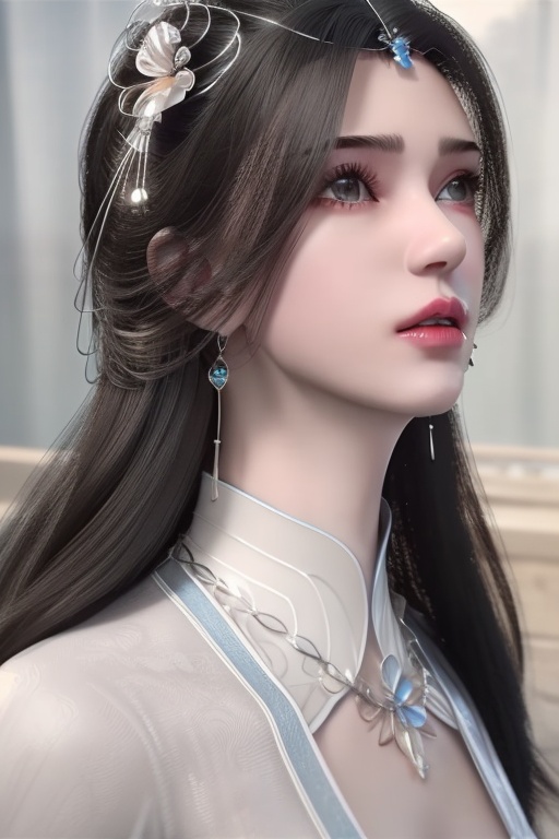 best quality,masterpiece,(photorealistic:1.4),limuwan,1girl,dress,earrings,black hair,hair ornament,solo,upper body,jewelry,white dress,long hair,full_shot,