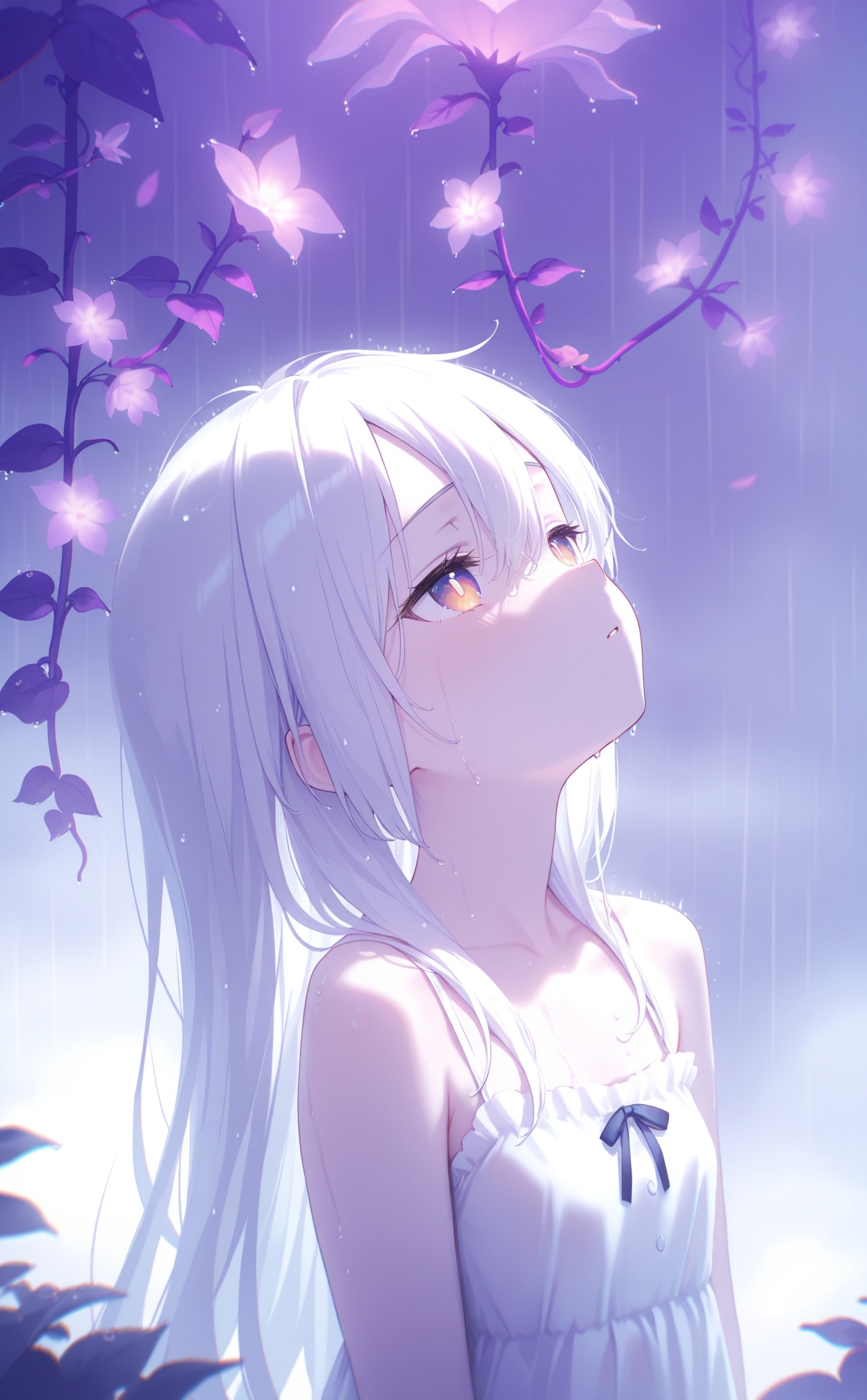 masterpiece,very aware,highres,absurdres,newest,best quality,loli,petite,high quality,chromatic_aberration,//,illustration,ultra detailed,hdr,Depth of field,(colorful),loli,white background,Dundar effect,a lot of purple vines,vines covering half of the painting,delicate plant details,a girl,girl,petite girl,long white hair,golden pupils,white dress,bare feet,side,side,upper body,head up,sad eyes,rain,light,figure light,petals,purple filter,left,fog,dream,unreal,Blur,float light,//,<lora:konya_karasue——【noob】hans:0.8>,
