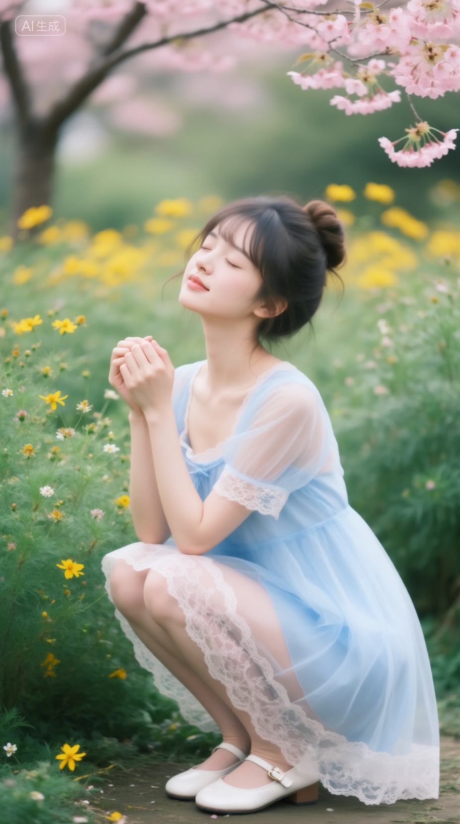 这张照片定格了一位年轻的亚洲女子蹲坐在地上的情景,她周围是郁郁葱葱的绿植,盛开的小花和粉色樱花树,这位看起来十七八岁的女子身材娇小,皮肤白皙,五官精致,小巧的鼻子和饱满的嘴唇,她的头发梳成了一个柔和的发髻,几缕松散的发丝垂落在脸庞两侧,刘海略显凌乱,她双眼紧闭,脸上带着安详,近乎幸福的表情,嘴角挂着一丝淡淡的微笑,她双手轻轻捧在凉的两侧,, 她身着一件浅蓝色的轻薄透明和服式连衣裙,裙摆边缘饰有蕾丝花边,半透明的质地隐约显露出她小巧的胸部和修长的双腿,这件连衣裙有着短袖,袖口处有着精美的蕾丝图案,裙摆略高于膝盖,露出她光洁的大腿,她脚穿白色玛丽珍鞋,与整体装扮相得益彰,背景是一处盛开一片黄色花朵的花园,盛开的粉色樱花与繁茂的绿植形成鲜明对比,柔和模糊的背景营造出景深效果,整张照片的氛围宁静祥和,透着一丝超凡脱俗的美,, 真实摄影,highres,8K,close-up,高清画质,细节清晰,8K,电影级质感,胶片质感,, Negative prompt: ng_deepnegative_v1_75t,(badhandv4:1.2),EasyNegative,(worst quality:2),,nsfw, Steps: 30, Sampler: Euler, CFG scale: 4.0, Seed: 2224565975, Size: 928x1664, Model hash: 98763a1277, Model: Qwen-Image_1.0.safetensors, Denoising strength: 0, RNG: CPU, Lora 1: Qwen | 极致真实写实人像-时尚摄影, Lora Hash 1: 25cb5bc410, Lora Weight 1: 0.95, vae_name: automatic
