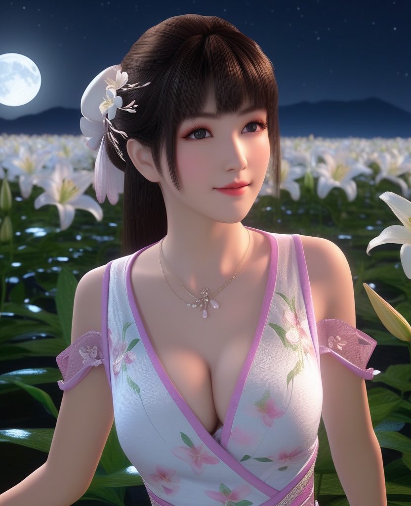 <lora:578-DA-XL-斗破苍穹-小医仙:0.8>(,1girl, ,best quality, ),looking at viewer,  ,ultra detailed background,ultra detailed background,ultra realistic 8k cg, , ,masterpiece, (( , )),, ultra realistic 8k cg, ,      ,lily \(flower\) ,full moon ,strawberry blossoms      (cleavage), (),