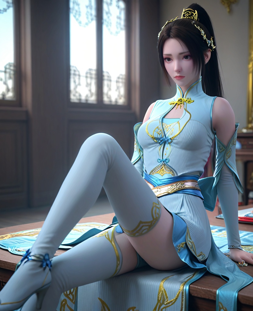(oriental architecture, elegant decor, sophisticated style:1.1),(Sitting with legs crossed and hands in prayer position:1.1),(breasts:1.2),<lora:XL斗破苍穹纳兰嫣然:0.95>,miss nalanyanran,light blue dress,light blue overskirt,blue miniskirt,sash,black hair,ponytail,hair ornament,lips,elbow gloves,slender legs,brown eyes,lace pantyhose,light blue thigh boots,clothing cutout,back bow,, score_9,score_8_up,score_7_up,score_6_up,score_5_up,score_4_up,3d rendering,tag1,tag2, Cinematic Lighting,backlighting,