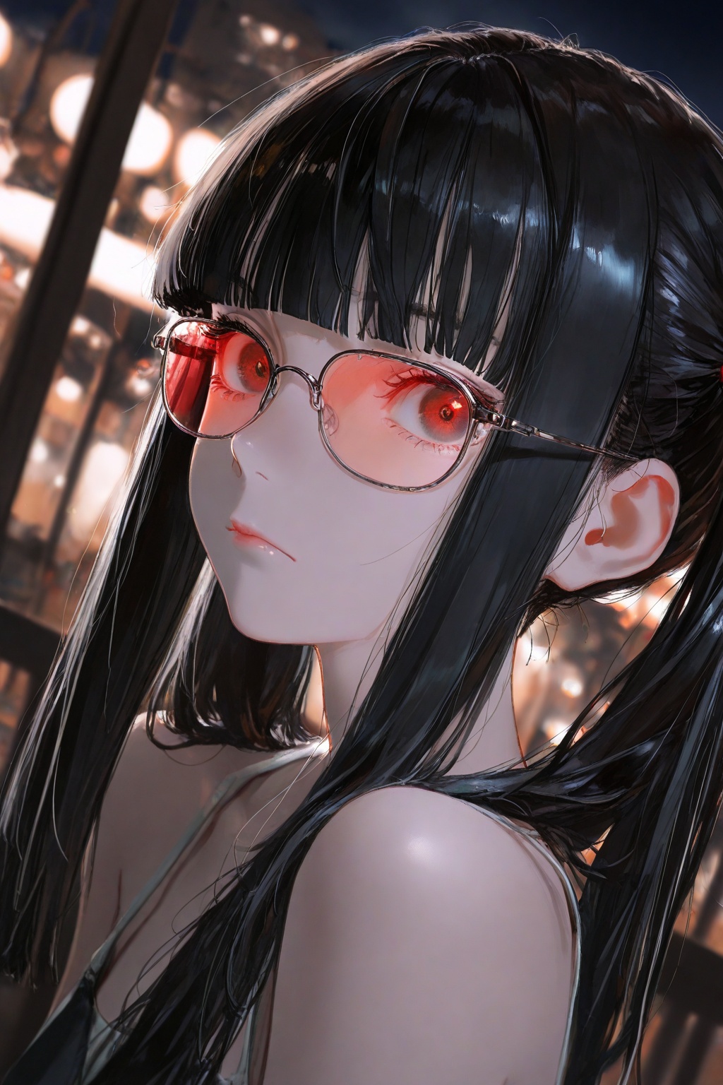 masterpiece,best quality,amazing quality,very aesthetic,absurdres,newest,extreme aesthetic,Emotionalization,depth of field,dutch angle,scenery,(dino_(dinoartforame):0.5),(yoneyama mai:0.5),(Yomu:0.3),(quasarcake:0.4),(wlop:0.3),dark,1girl,solo,long_hair,looking_at_viewer,bangs,bare_shoulders,twintails,closed_mouth,sidelocks,glasses,blunt_bangs,lips,eyelashes,portrait,close-up,tinted_eyewear,night,faint light,