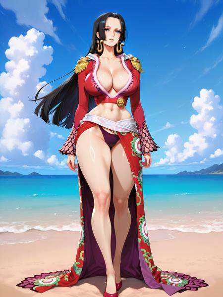 ilboahancock, boa hancock, long hair, jewelry, black hair, earrings, large breasts,1girl, day, blue sky,  sky, thighs, outdoors, facial hair, ocean, beach, cloud <lora:illustrious- boa hancock-1024X1536:1>, full body, shoulder board