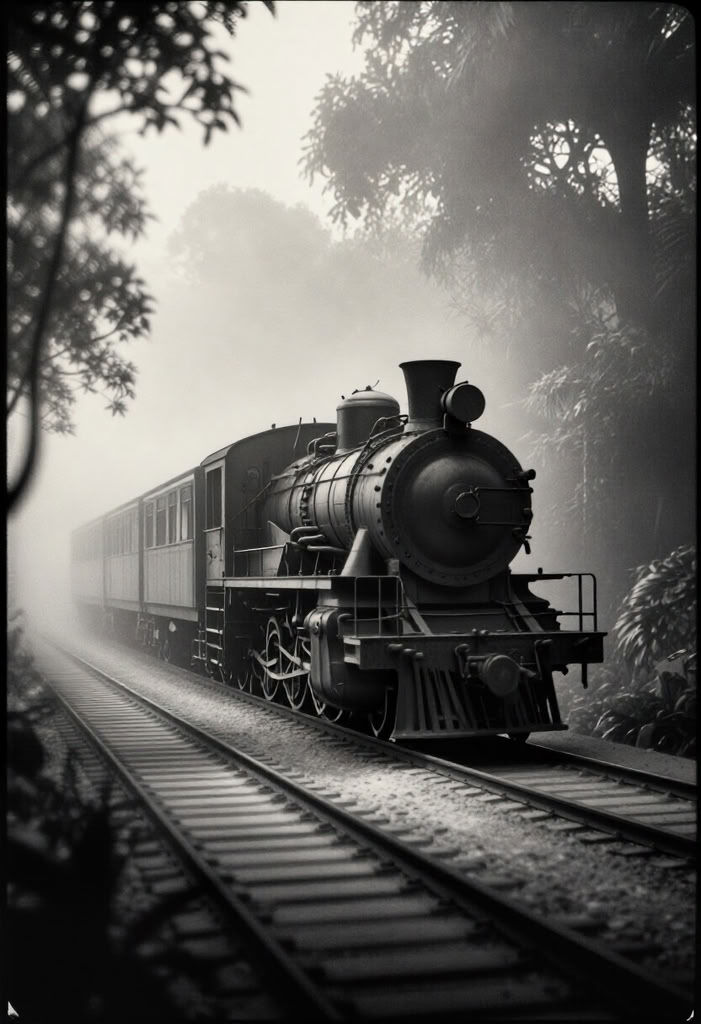 analog_feel,  a ghost from the past,  an old steam train emerges from the mist on Tensor.Art