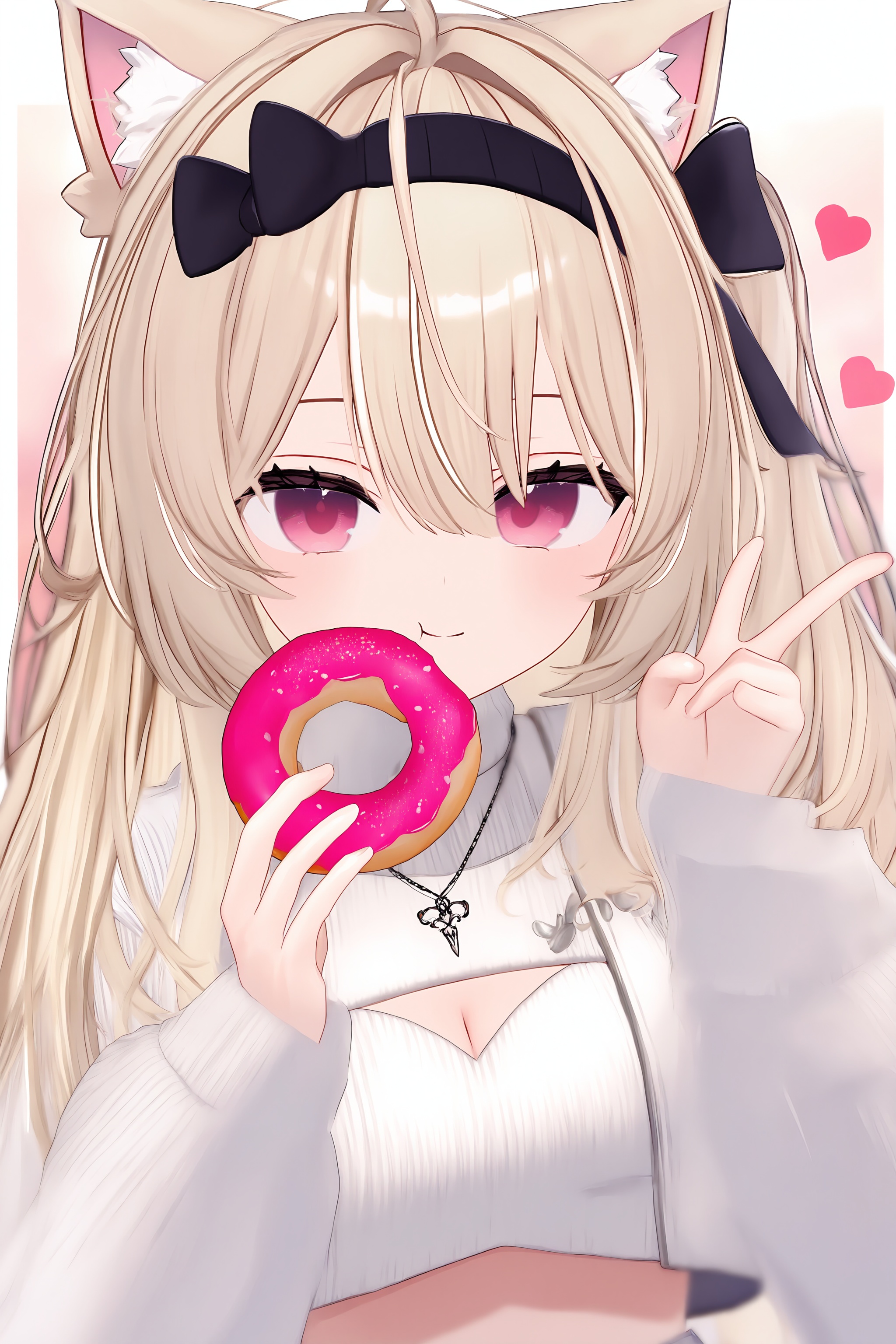 <lora:vrc_style_v3-000080>,vrc_vibe,high resolution,aesthetic,excellent,medium resolution,newest,1girl,animal ears,cropped jacket,cleavage cutout,food,solo,v,long hair,doughnut,clothing cutout,ahoge,holding food,virtual youtuber,holding,jacket,blonde hair,looking at viewer,hairband,cleavage,smile,cat ears,one side up,breasts,pink eyes,eating,white jacket,long sleeves,black hairband,heart,bow,sweater,upper body,blush,hair bow,turtleneck,necklace,double-parted bangs,:t,red eyes,closed mouth,animal ear fluff,jewelry,dress,cat girl,hair between eyes,