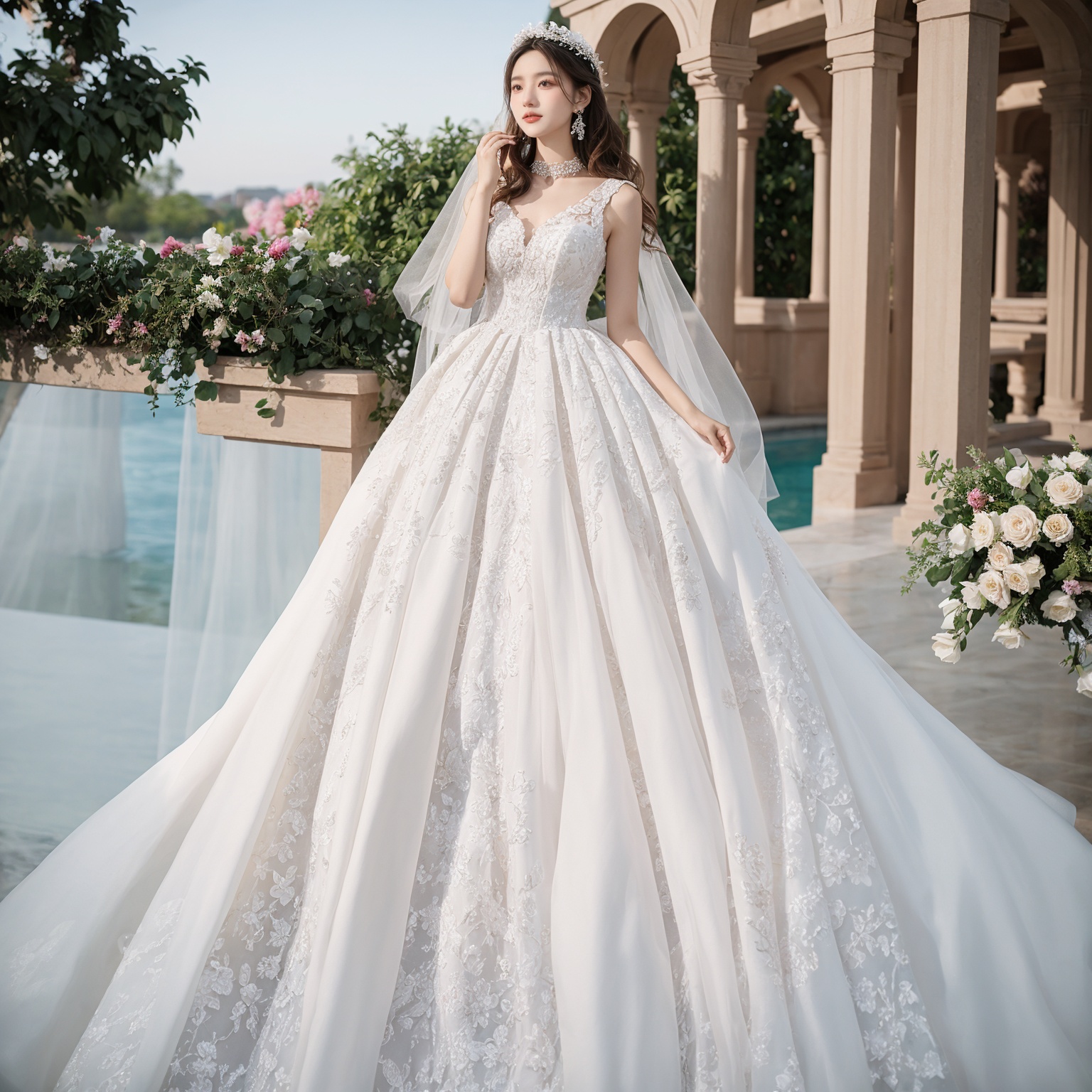Best Quality,Masterpiece:1.4),(Realism:1.2),(Realisitc:1.2),4K,(photorealistic:1.3),1girl, white wedding dress,long dress,outdoors, flower,  jewelry,print,(Long Wavy Hair),hunsha,veil,Earrings,Jewelry,Tindal Light,  <lora:YG梦中婚纱5:0.7>,