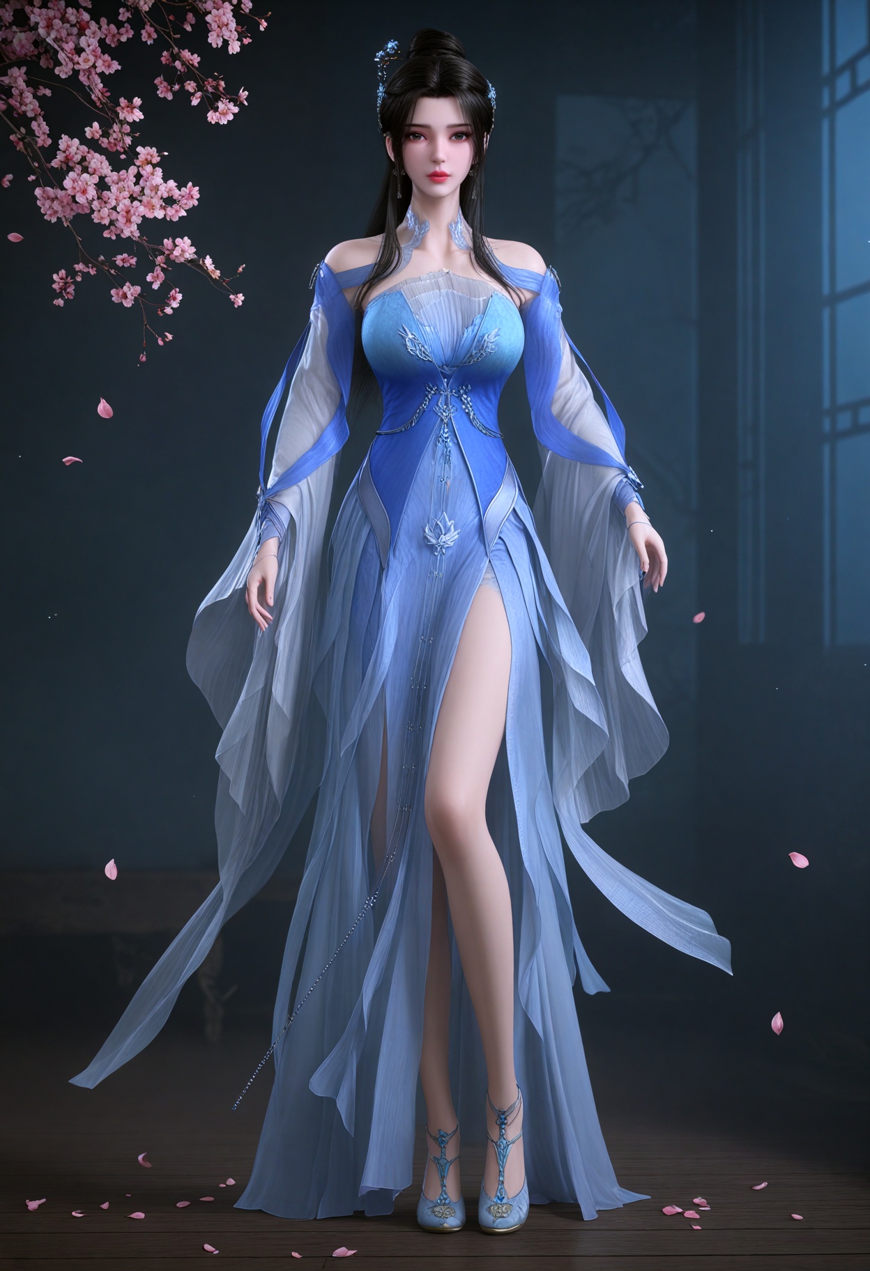 (full_body:1.3),(gigantic breasts:0.6),(slender:1.3),(looking_at_viewer:1.1),(masterpiece:1.1),(best quality:1.2),(intricate details),(smog:1.3),(Dark room:1.3),(dim lighting:1.3),peach blossom,falling petals,<lora:YQ_Illustrious光辉v5_李慕婉_V1:0.8>,q1528437228,solo,1girl,black_hair,long_hair,hair_ornament,dress,jewelry,earrings,blue_dress,hair_bun,chinese_clothes,long_sleeves,single_hair_bun,realistic,black_eyes,bare_shoulders,ponytail,hanfu,see-through,hair_stick,detached_sleeves,masterpiece,(best quality),(intricate details:0.9) BREAK (intricate details:0.9),(realistic skin:1.2),masterpiece,best quality,newest,absurdres,hiahres,