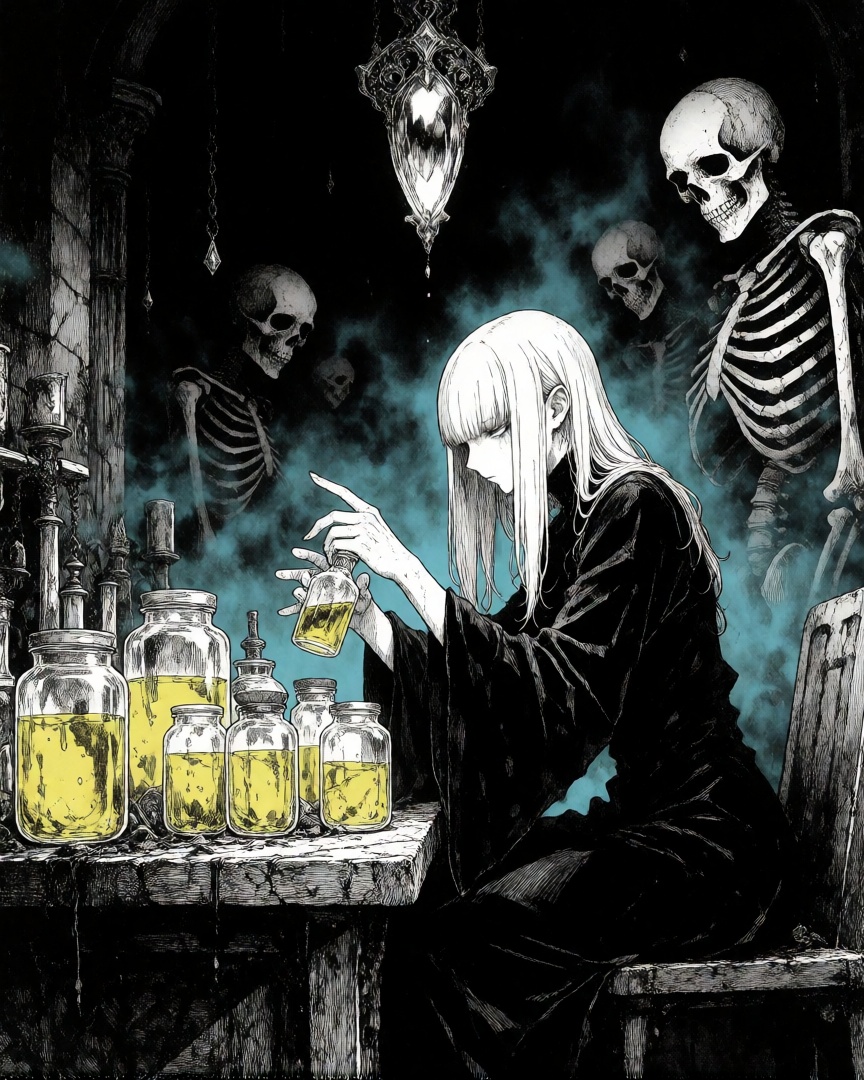 Striking black and white manga style,  a dark,  mystical scene set in a dimly lit on Tensor.Art