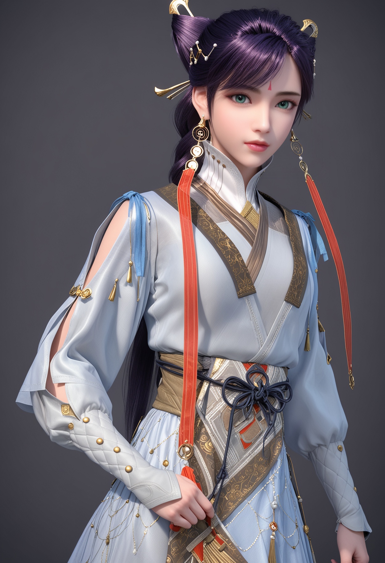 (cowboy shot:1.2),(looking at viewer:1.1),facing viewer,direct gaze,<lora:YQ_pony_xulingxi2_V4:0.8>,q1528437228,1girl,solo,jewelry,earrings,hair ornament,black hair,lips,chinese clothes,dress,forehead mark,green eyes,hair bun,long hair,makeup,brown hair,hair stick,long sleeves,tassel,boots,white pantyhose,braid,blue eyes,purple hair,brown eyes,double bun,BREAK simple background,pure black background,black background,perfect anatomy,