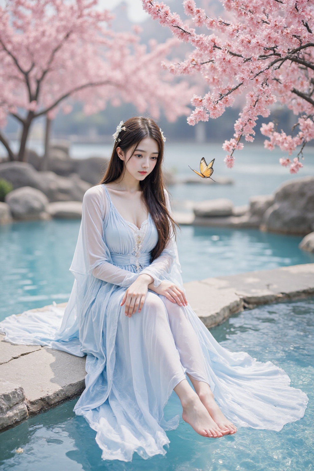 This is a photo of a young woman sitting on the floor in a shallow pool of water. She is wearing a long, elegant white and light blue dress with long sleeves and a high collar. The dress has a sheer overlay that flows down to the floor. She is barefoot and has her legs crossed. Her hair is long, dark, and straight, and is styled with a small hair accessory. There is a butterfly in the air near her and a peach blossom tree in the background. The background is a flower. The lighting is soft and even, creating a gentle and serene atmosphere. The overall effect is one of grace and beauty.