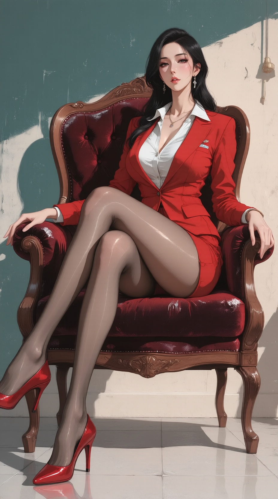 现代数字插画,动漫插画,女性,漫画风格,Masterpiece,the best quality,high quality,huge breasts,(black hair:1.4),(long legs:1.3),(thin legs:1.4),bright analog film style,fine detail,bright analog film style,fine detail,from below and low angle view,The image features a woman seated in an elegant pose on a velvet armchair. The portrayal is striking,presenting a contrast of bold red against a monochromatic teal backdrop,which is complemented by the chairs upholstery. The woman is dressed in a chic red suit with a collared shirt,and her red high-heeled shoes reflect the color of her attire,creating a harmonious yet vivid color palette. Her expression is calm and contemplative with a hint of confidence, her lips are painted a matching red,and her long dark hair frames her face. The womans pose—leaning slightly back with one arm resting on the armchair and legs crossed—exudes a sense of poise and self-assuredness. The overall composition of the image,with its synchronization of colors and the subjects composed demeanor,giv