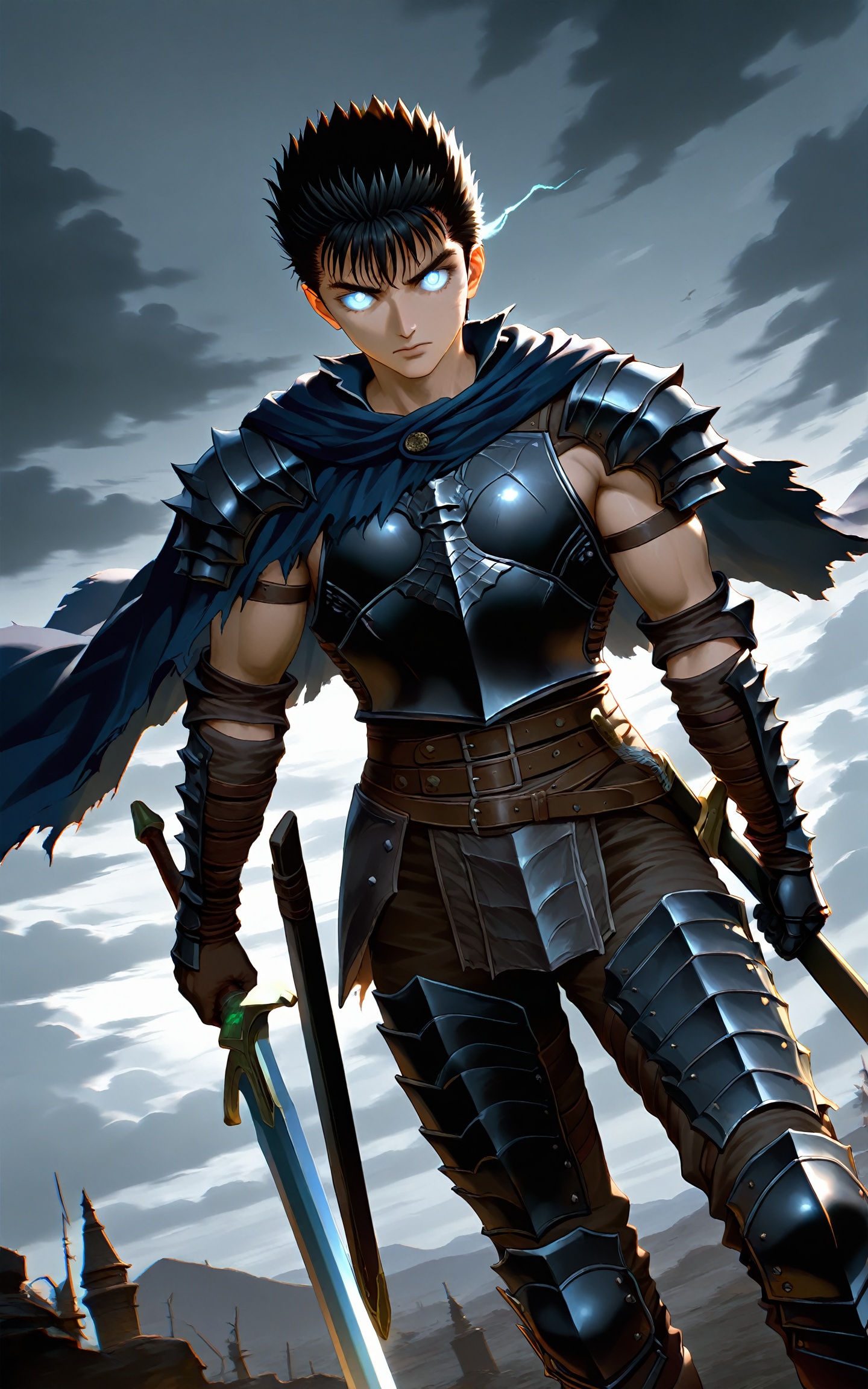 masterpiece,very aware,highres,absurdres,newest,best quality,high quality,chromatic_aberration,cinematic_angle,dutch angle,//,solo,looking at viewer,blue eyes,black hair,1boy,holding,weapon,male focus,outdoors,sky,sword,cloud,cape,holding weapon,armor,glowing,holding sword,cloudy sky,spiked hair,shoulder armor,gauntlets,glowing eyes,pauldrons,breastplate,guts \(berserk\),