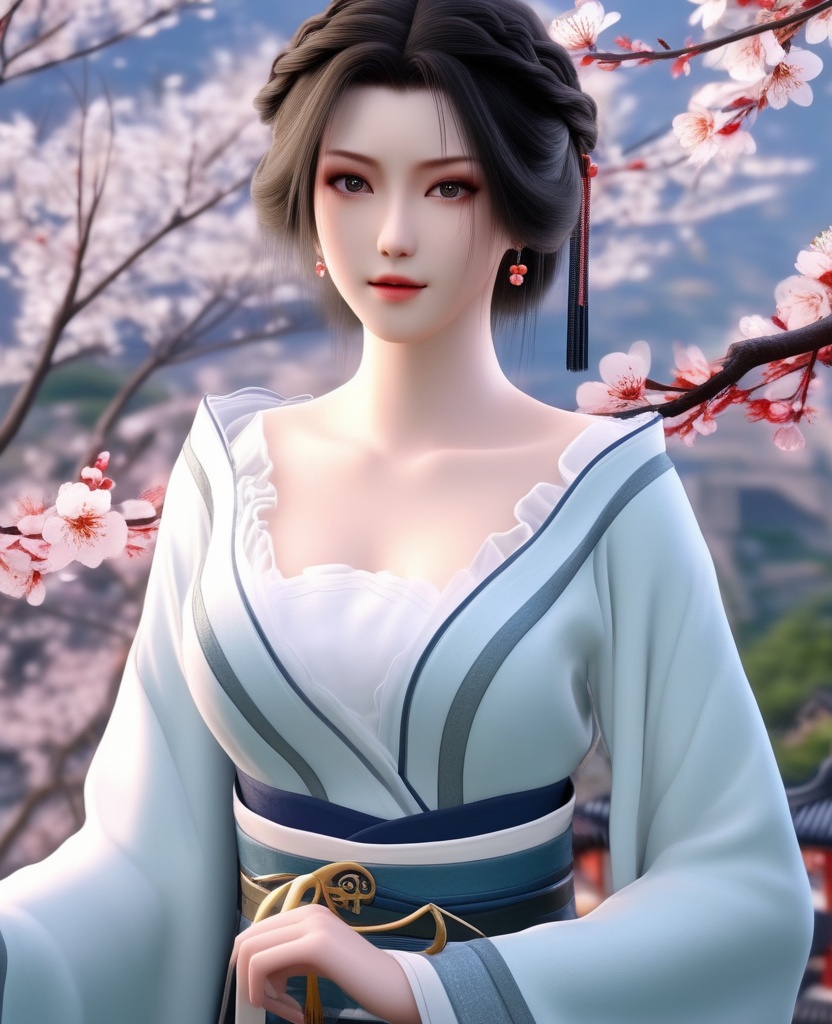 <lora:592-DA-XL-星辰变-姜立:0.8>(,1girl, ,best quality, ),looking at viewer,  ,ultra detailed background,ultra detailed background,ultra realistic 8k cg,, ,masterpiece, (( , )),, ,   plum blossoms,    ,,  (cleavage), (), ,,