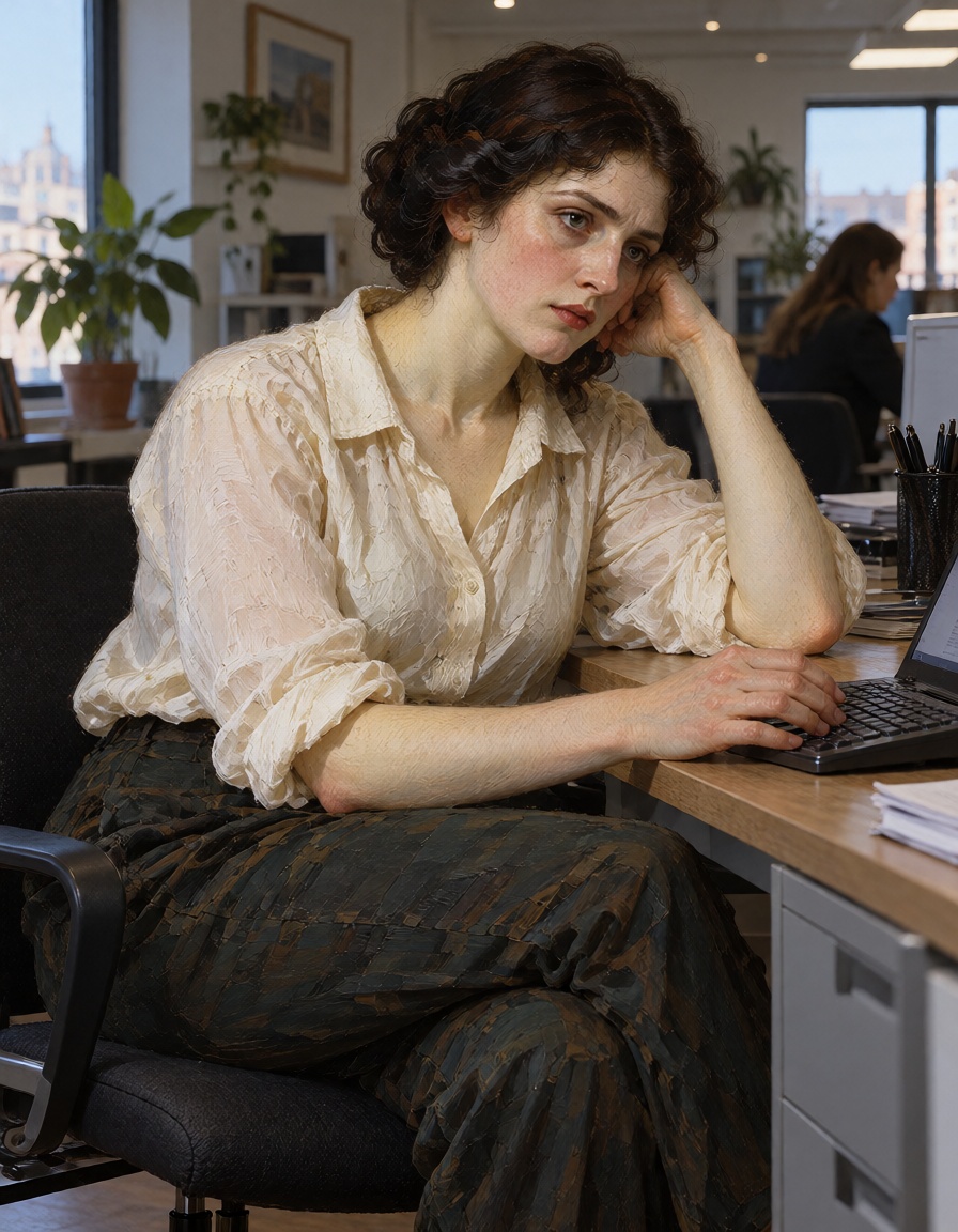 A Pre-Raphaelite woman very stressed working at the office on Tensor.Art