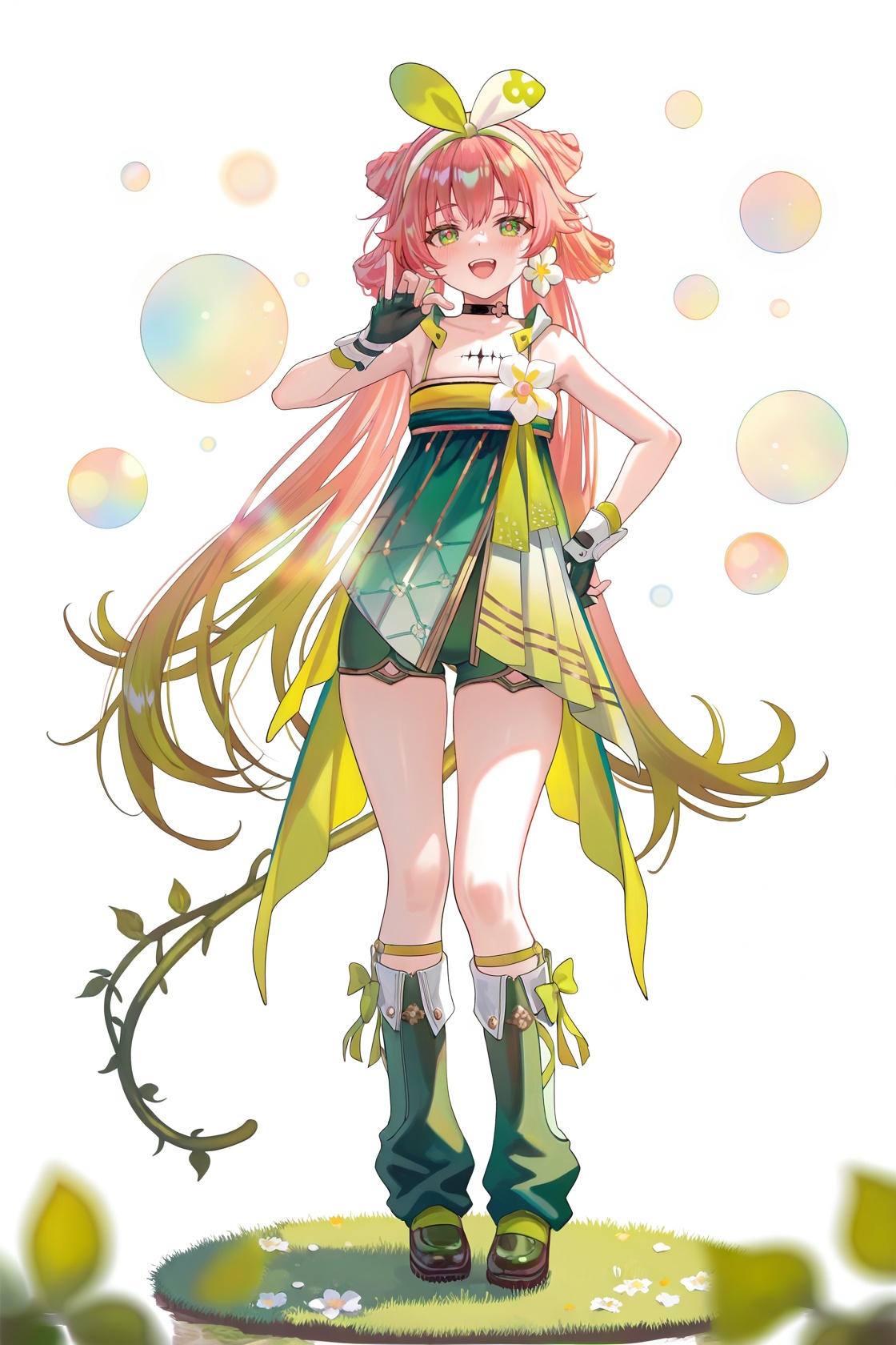 8k,best quality,masterpiece,(ultra-detailed),(high detailed skin),((artist:reoen),(artist:fuzichoco),(artist:atdan),(artist:torino_aqua),year 2024:0.8)1girl,8k,masterpiece,best quality,colorful,detailed light,light leaks,sunlight,bokeh,blurry foreground,ray tracing,lens flare,cinematic lighting,full body,full shot,standing,looking at viewer,(solo:1.2),simple background,(white background:1.2),hand on own hip,white background,<lora:vlinai-noob-Tanger:0.9>,vlinai,default clothes,Green vine tail,1girl,long hair,green eyes,gloves,fingerless gloves,very long hair,multicolored hair,choker,Black chest tattoo,mesugaki,ridicule,laughing,A full-body portrait of a young girl,standing gracefully,pastel art style,high-key lighting,shoujo manga influence,hd quality,delicate details,