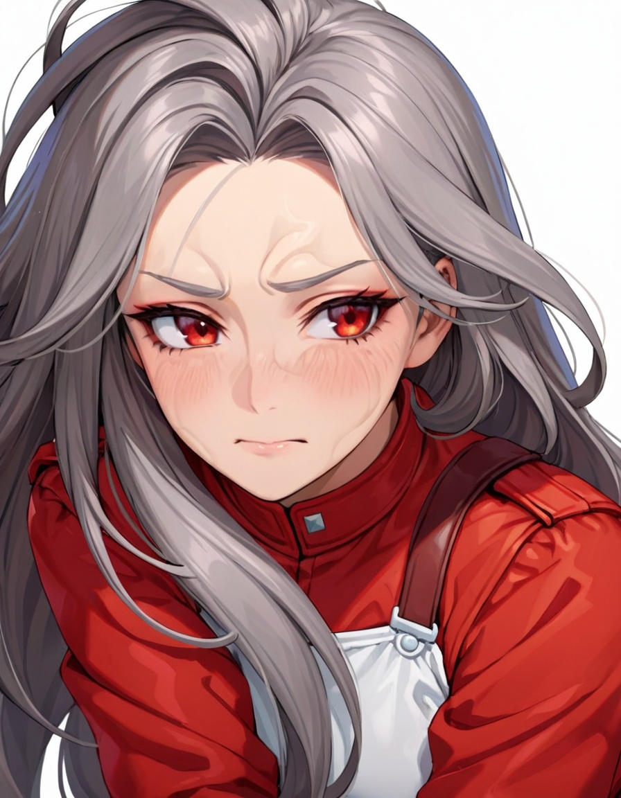 closeup, extremely detailed beautiful woman, square jaw, wide face, slightly wrinkled face, thoughtful expression, kind eyes, red lipstick, long gray cascading hair, wearing red combat outfit, posing, white background, best quality, extremely detailed