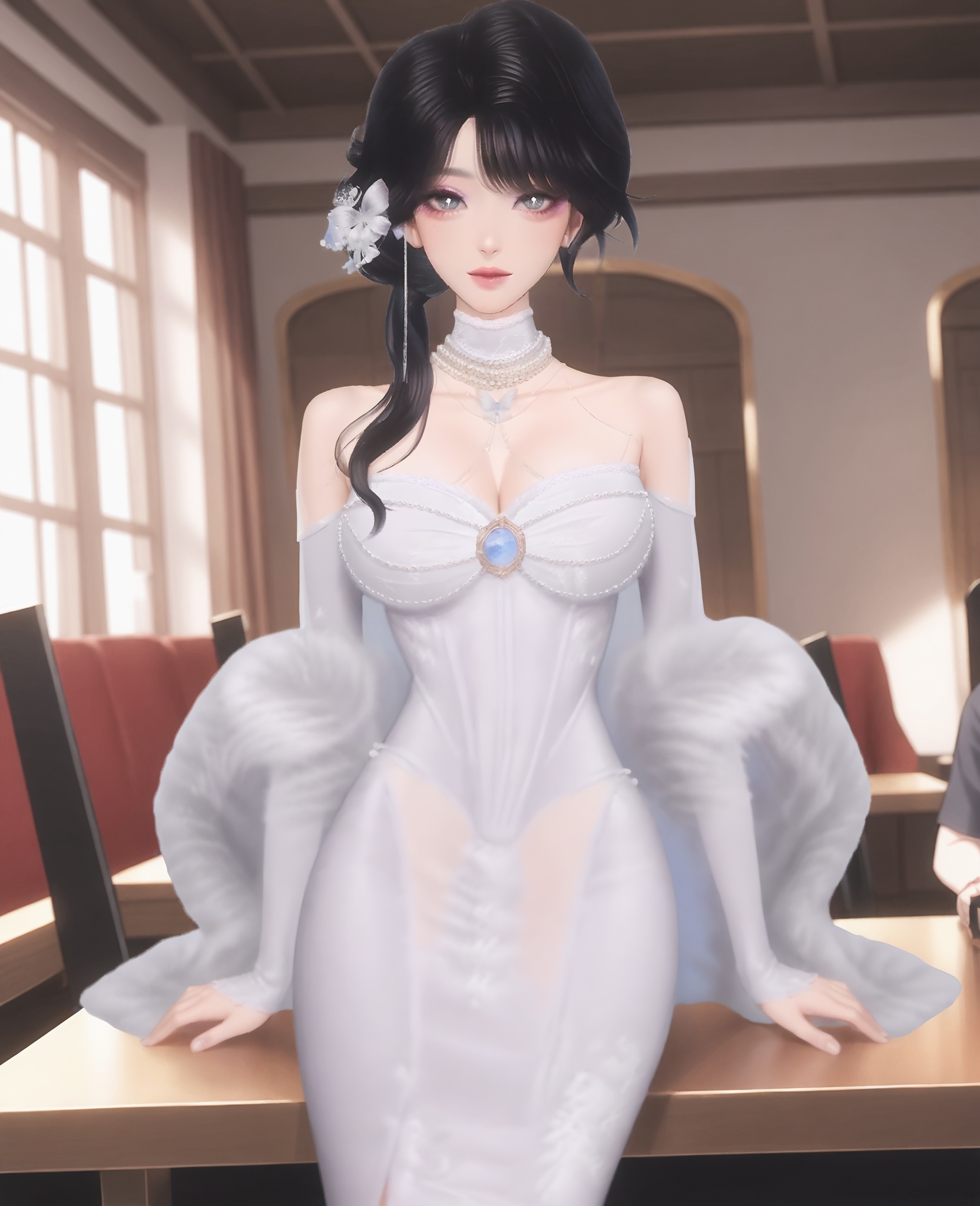 score_9,score_8_up,score_7_up,score_6_up,score_anime,masterpiece,best quality,ultra-detailed,highres,anime screencap,anime coloring,anime,animated,detailed fingers,looking at viewer,from front,indoors,<lora:C_t_w_25_JUNE_Pony:0.7>,1girl,solo,t_w,black hair,hair ornament,long hair,earrings,bangs,bare shoulders,detached sleeves,white dress,sitting, 