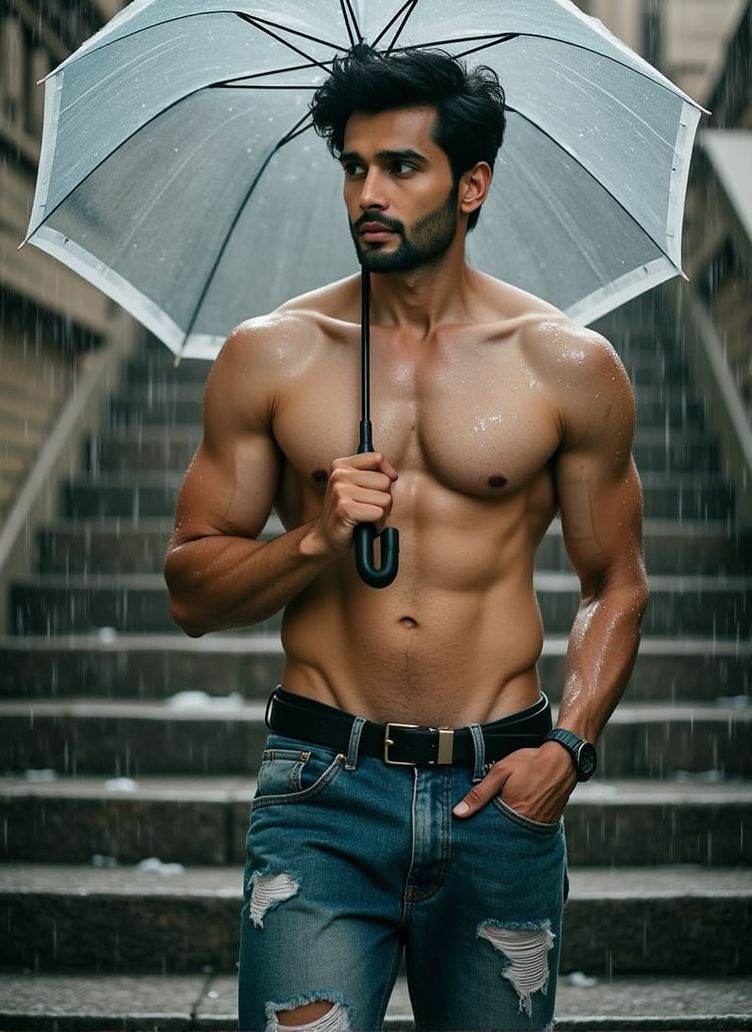 Rohit Khandelwal ,  stands on a large stone staircase,  the rainwater cascading on the steps. He holds a transparent umbre...