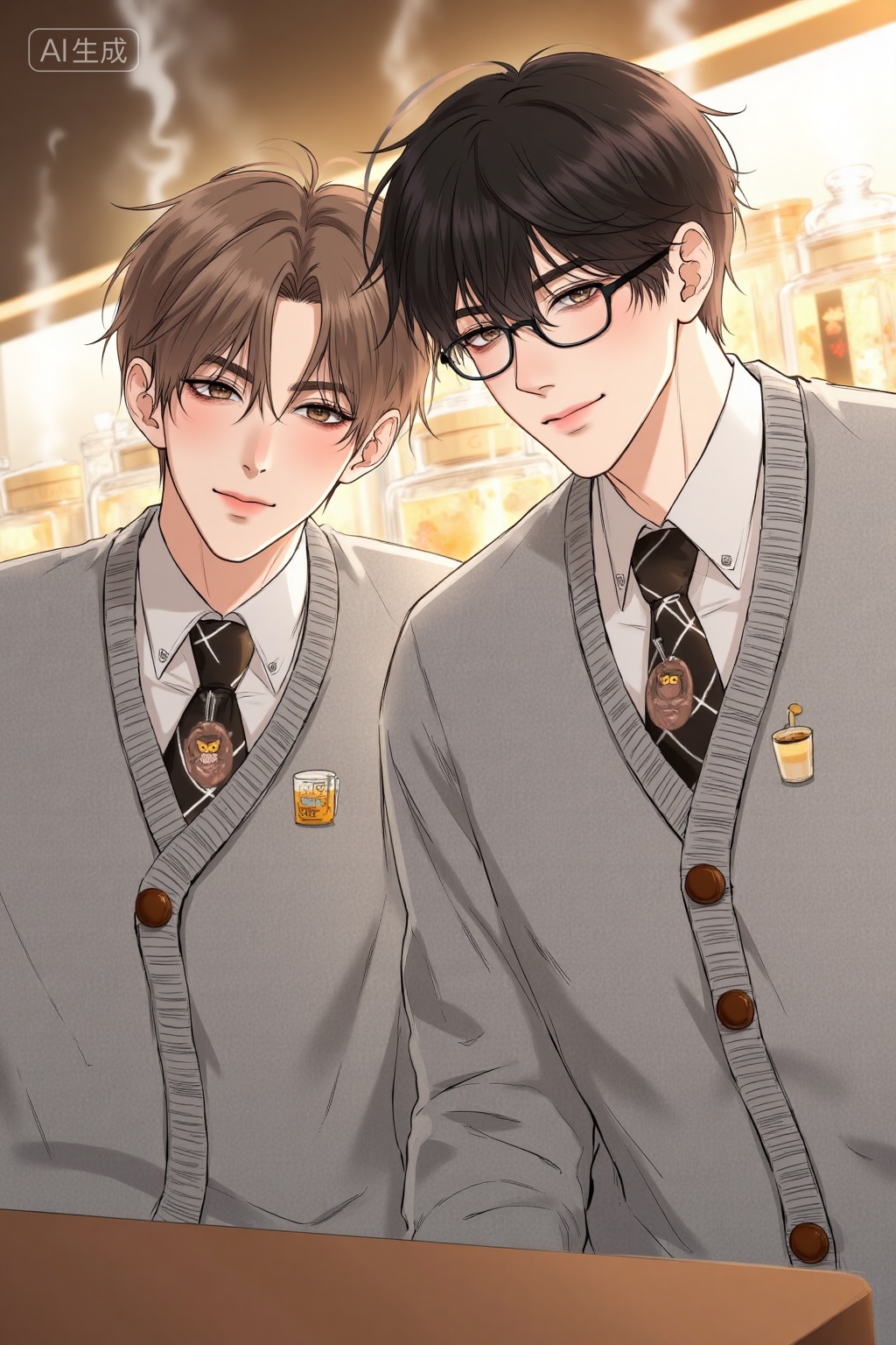 masterpiece,best quality,high detail,realistic anime style,, a drawing of Two young men in oversized chunky cardigans – heather grey with contrasting wooden toggles. Layered over collared shirts with novelty coffee-themed tie clips. Both wearing hexagonal eyeglass chains. Warm backdrop of espresso bar steam rising behind biscotti-filled glass jars,, Negative prompt: ng_deepnegative_v1_75t,(badhandv4:1.2),EasyNegative,(worst quality:2),,nsfw, Steps: 30, Sampler: Euler, CFG scale: 3.5, Seed: 502450945, Size: 1024x1536, Model hash: 8cba4f1ef4, Model: F.1基础算法模型-哩布在线可运行_F.1-dev-fp8.safetensors, Denoising strength: 0, RNG: CPU, Lora 1: 20251118, Lora Hash 1: 9783be0a3a, Lora Weight 1: 1.0, vae_name: automatic