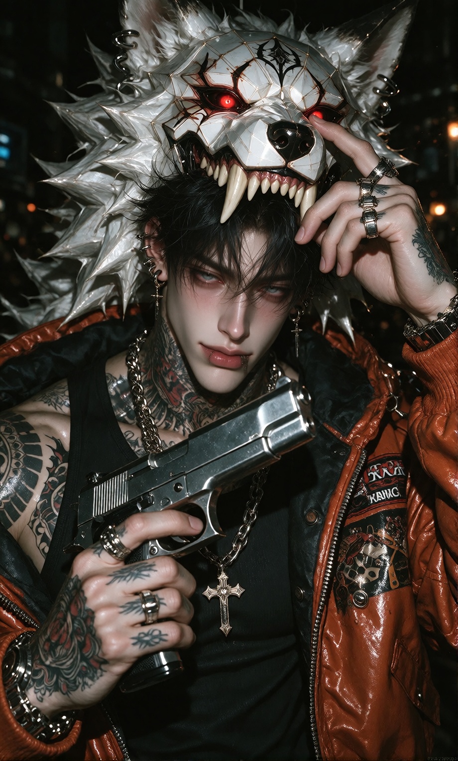 A tattooed man with piercing blue eyes and a glossy orange jacket over a black **** top holds a silver handgun pointed dir...