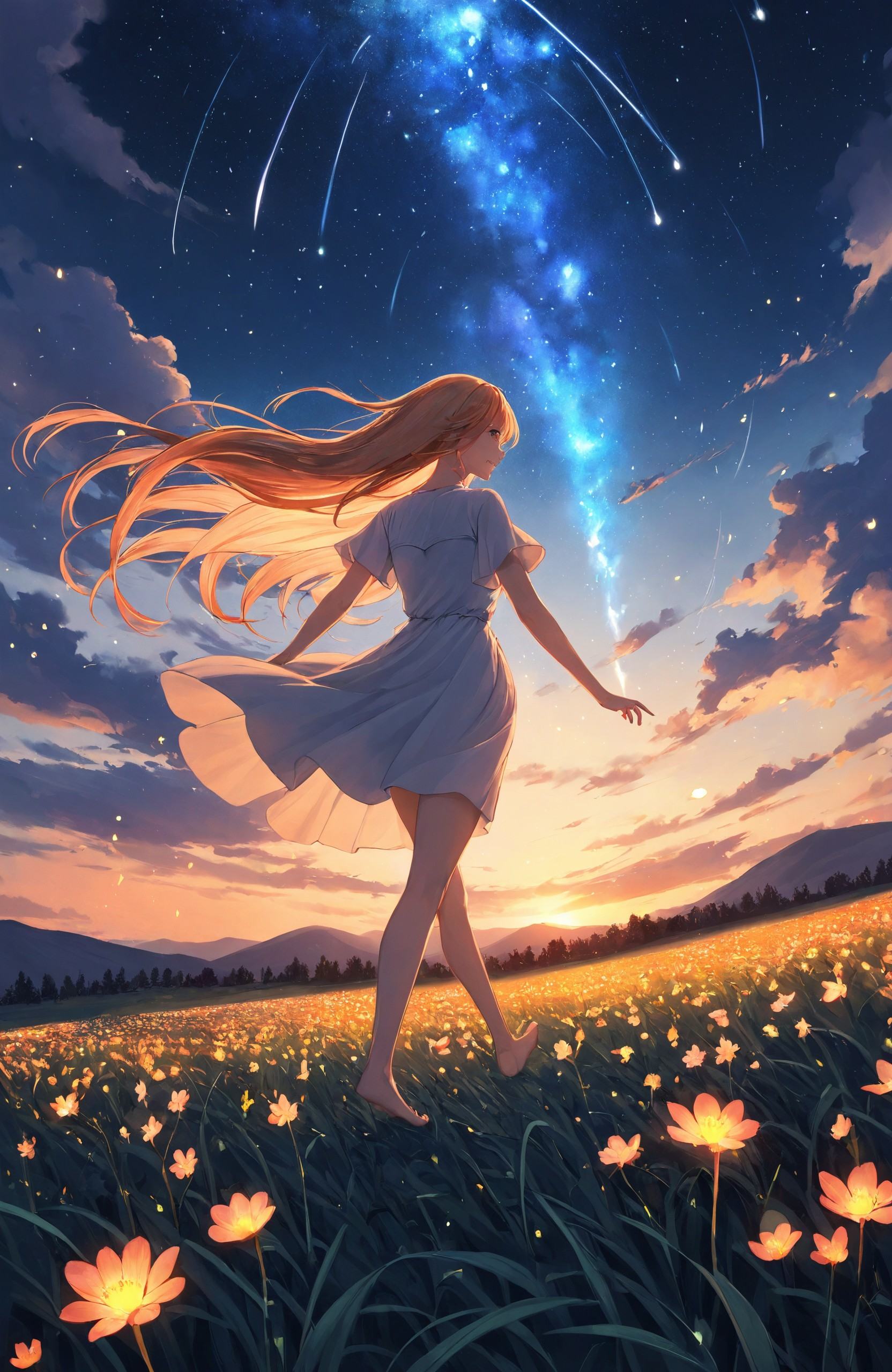 "Fantasy Meadow, a girl running barefoot through a field of glowing flowers, her hair flowing in the wind, under a sky filled with shooting stars."