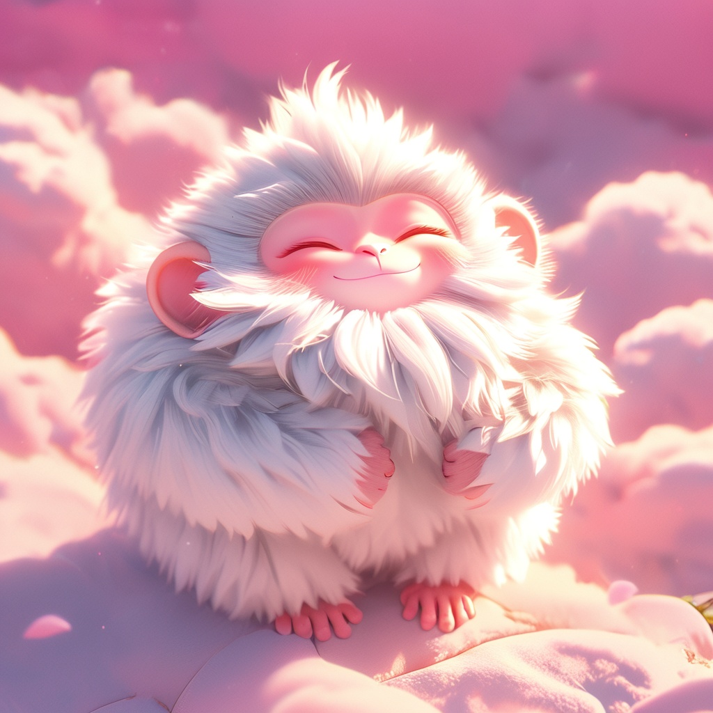 shenhou, monkey, fluffy, sunlight, light particles, whiskers, cute, cc-color-correction, mf-movie-filter, warm colors, whimsy and dramatic lighting, white fur, soft lighting, monkey focus, no humans, closed eyes, outdoors, full body, closed mouth, cloud, blush, standing, smile, blurry, sky, facing viewer, pink theme,<lora:shenhou_xl:0.8>,
