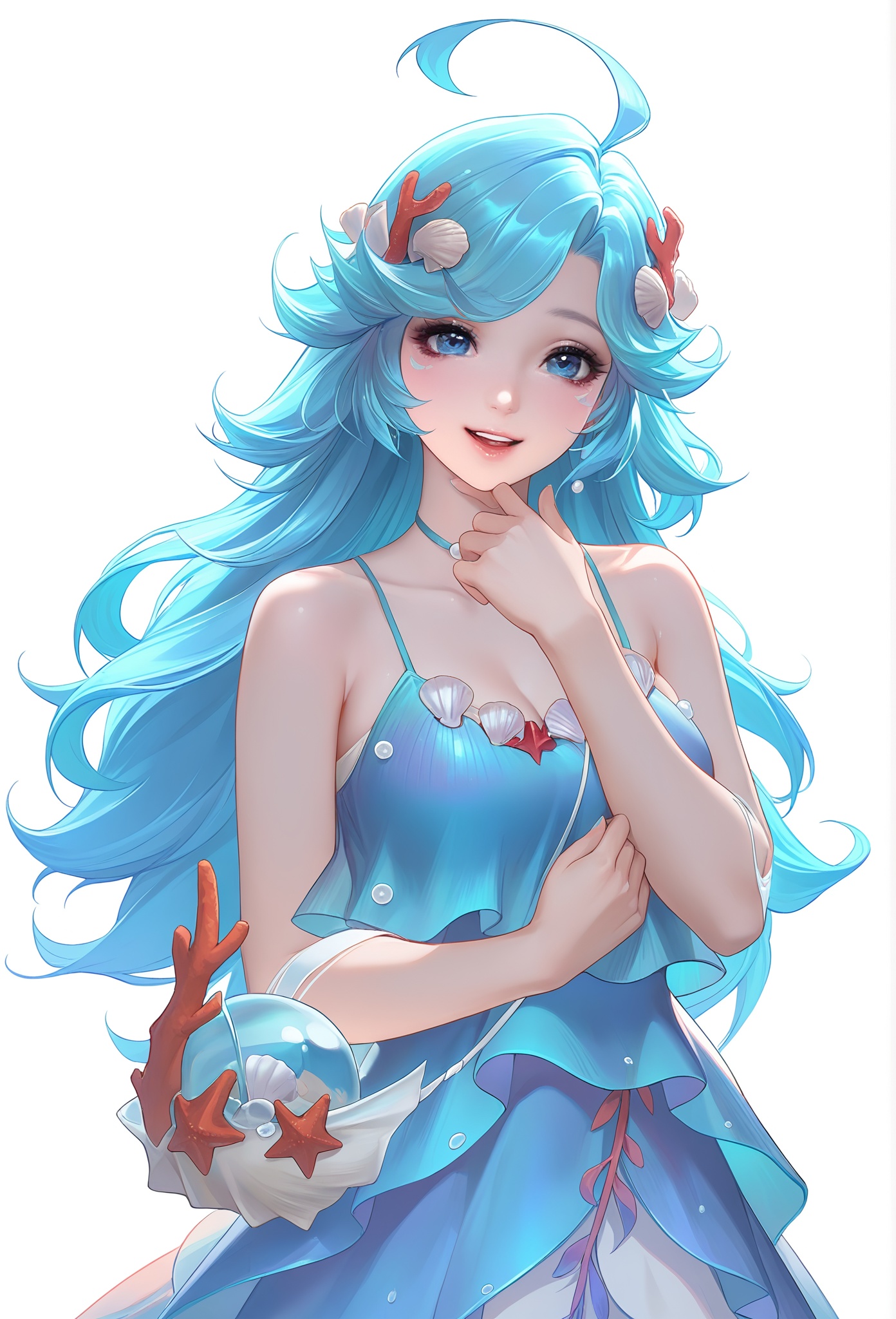 Kuze\(dly\)\(wzry\),white background,simple background,masterpiece,best quality,amazing quality,(realistic:1.2),1girl,solo,mature female,upper body,(front view),look at viewer,human,blue hair,shell on head,coral on head,blue eyes,blue facial mark,necklace,blue dress,pearl on dress,starfish on dress,seaweed on dress,shell on dress,crossbody bag,white elbow decoration,