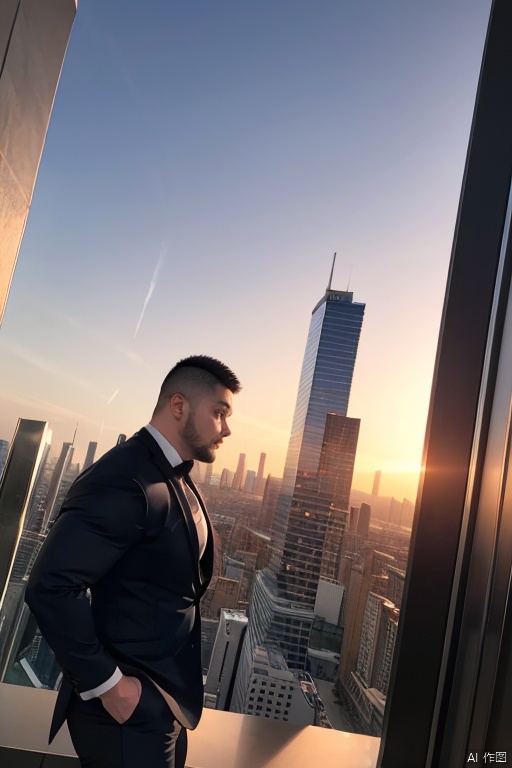Best quality,masterpiece,ultra high res,male focus,pants,boy black short hair,(Plump man:0.5),detailed background,game_cg,bara stocky,male fucus,mature male,thick thighs,muscular male,(fade haircut),1 boy,leogirl,realistic photography,A solitary figure stands atop a skyscraper,looking out over the city as twilight descends. The figure,silhouetted against the illuminated skyline,adds a sense of drama and contemplation to the scene.,formal attire<lora:EMS-342200-EMS:1.000000>