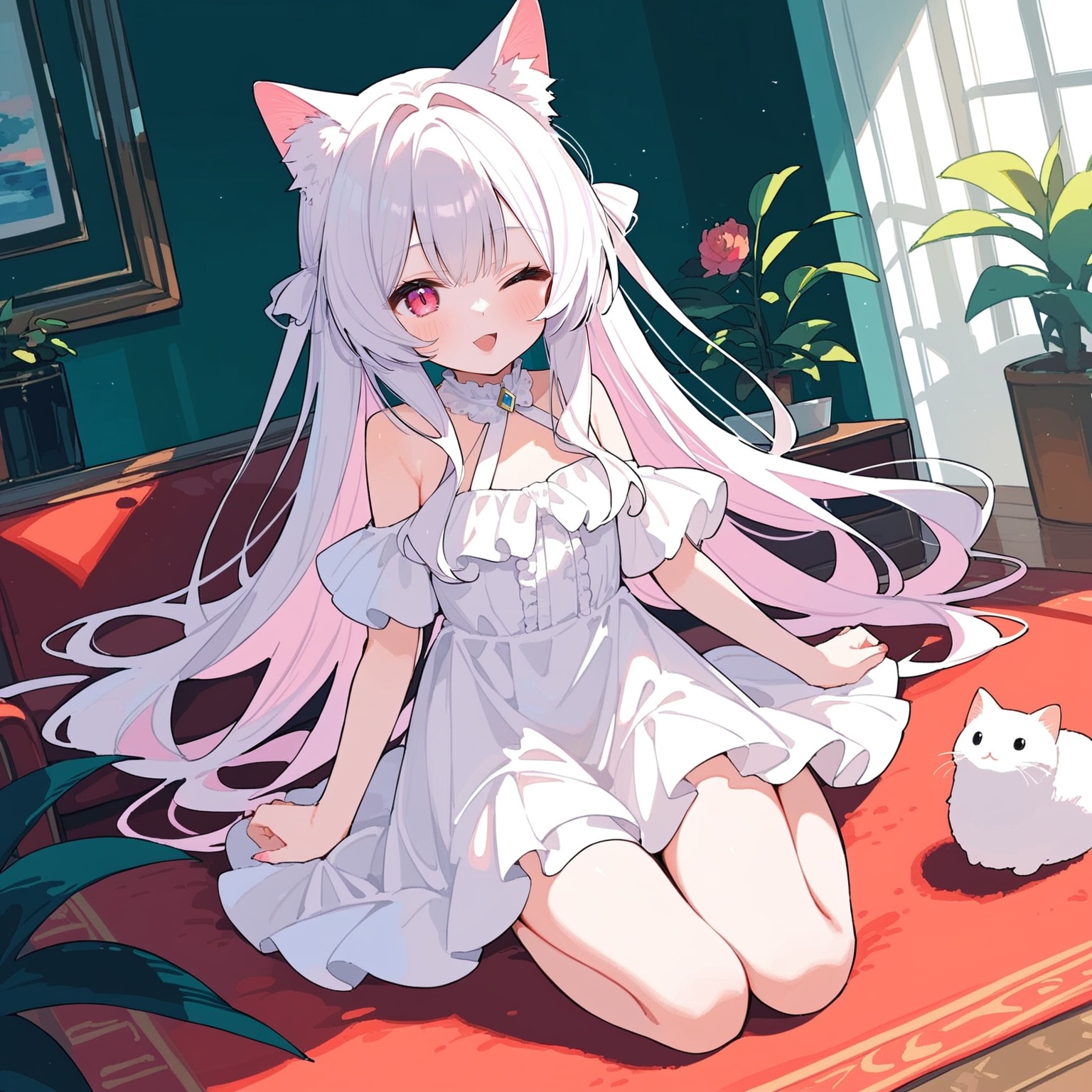 score_9,score_8_up,score_7_up,anime,masterpeice,best quality,very aesthetic,absurdres,cat girl,nekomata,<lora:cat_girl_pony_v21:1>,1girl,solo,white cat ears,white hair,bangs,long hair,pink eyes,white dress,in summer,fair_skin,light_blush,winking \(animated\),the_pose,full-body,looking at viewer,in living room,
