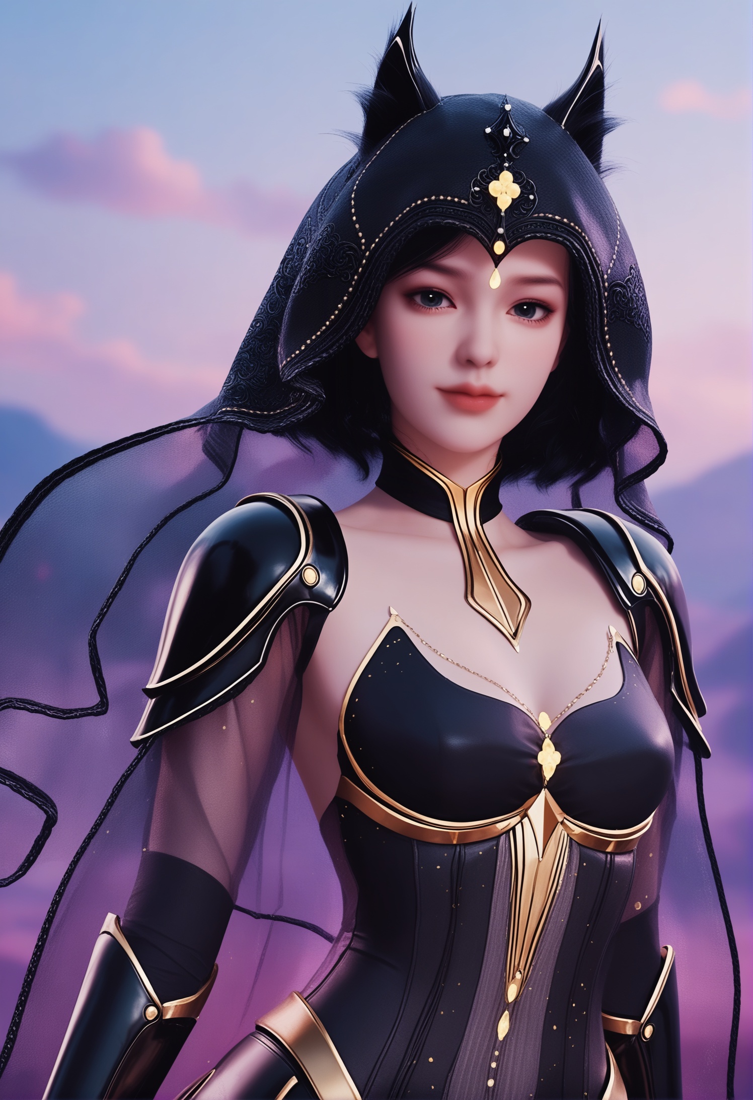 score_9,score_8_up,score_7_up,1girl,solo,realistic,(full_shot:1.4),(looking at viewer:1.1),1girl,solo,realistic,dress,armor,shoulder armor,gem,veil,1girl,solo,realistic,cat ears,choker,hood,black headwear,black veil,1girl,solo,realistic,jewelry,(mature face:1.2),big eye,(pale_skin:1.1),shiny_skin,slender face,black hair,black eyes,eyelashes,red lips,lips,nose,closed mouth,realistic,white_theme,solid background,simple background,(white chair:0.8),(magazine cover theme:0.75),(long_legs:1.2),medium breasts,(cleavage:1.1),cleavage cutout,<lora:小巳-黑装侍女:0.85>,