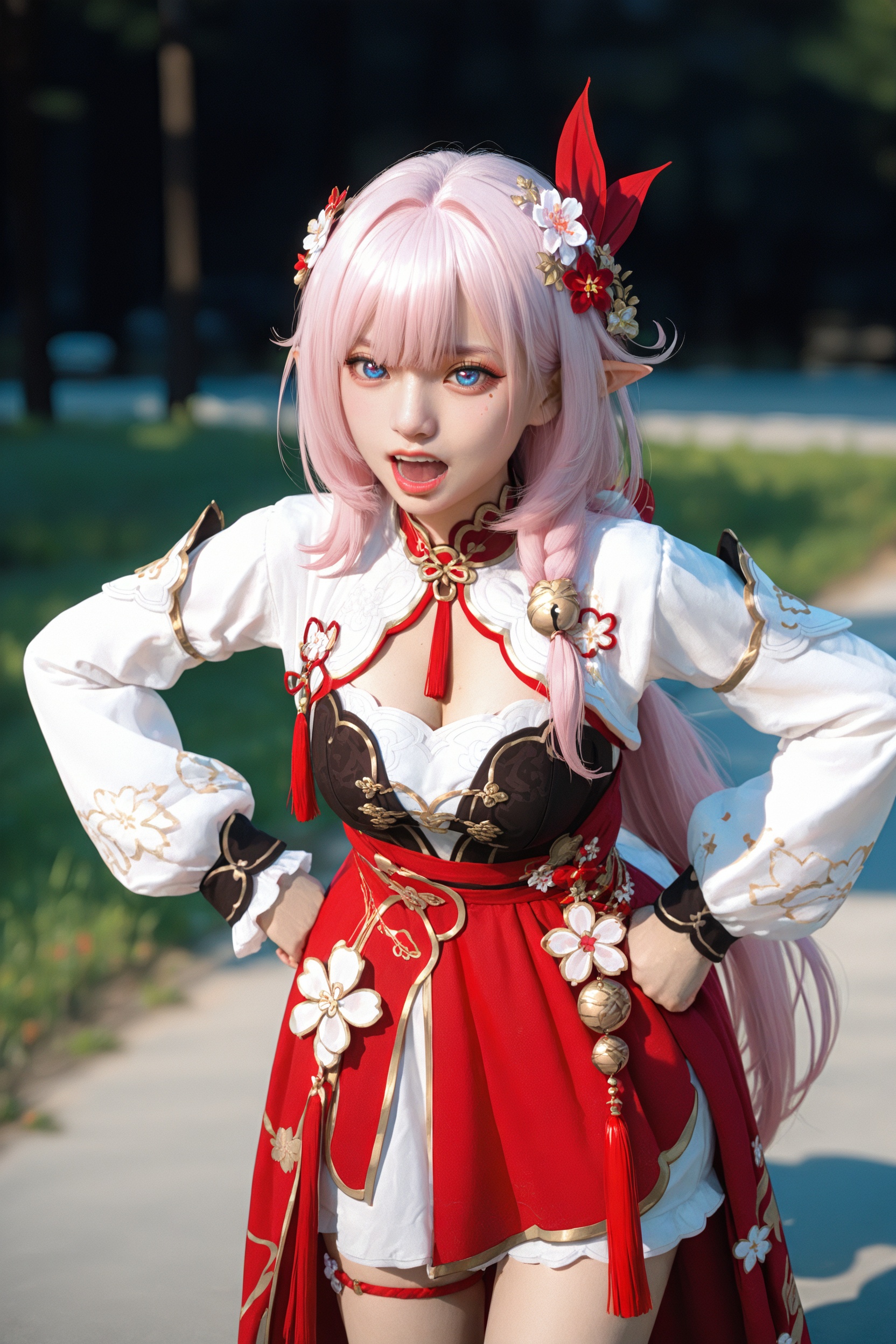 (realistic),(photorealistic:0.9),detailed,photo-referenced,.,.,.,.,1girl,cowboy shot,blush,angry,outdoors,.,elysia \(honkai impact\),.,<lora:RE184MG-000018:0.8>,elysia \(peachy spring\) \(honkai impact\),open mouth,hands on own hips,, very awa, masterpiece, best quality, highres, absurdres,, Photorealistic, Hyperrealistic, Hyperdetailed, analog style, soft lighting, subsurface scattering, realistic, heavy shadow, masterpiece, best quality, ultra realistic, 8k, golden ratio, Intricate, High Detail, film photography, soft focus