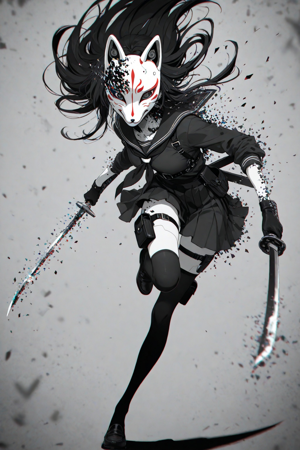 1girl,action pose,fox_mask,fox fire,mechanical eye,holding sword,school uniform,harness,thigh pouch,silhouette art,glitch art,virtual,colored shadow,geometry,monochrome,local color adaptation,hdr,(disintegration effect:1.4),(chromatic aberration, polarized:1.2),(blurry:1.4),masterpiece,best quality,amazing quality,very aesthetic,absurdres,newest,