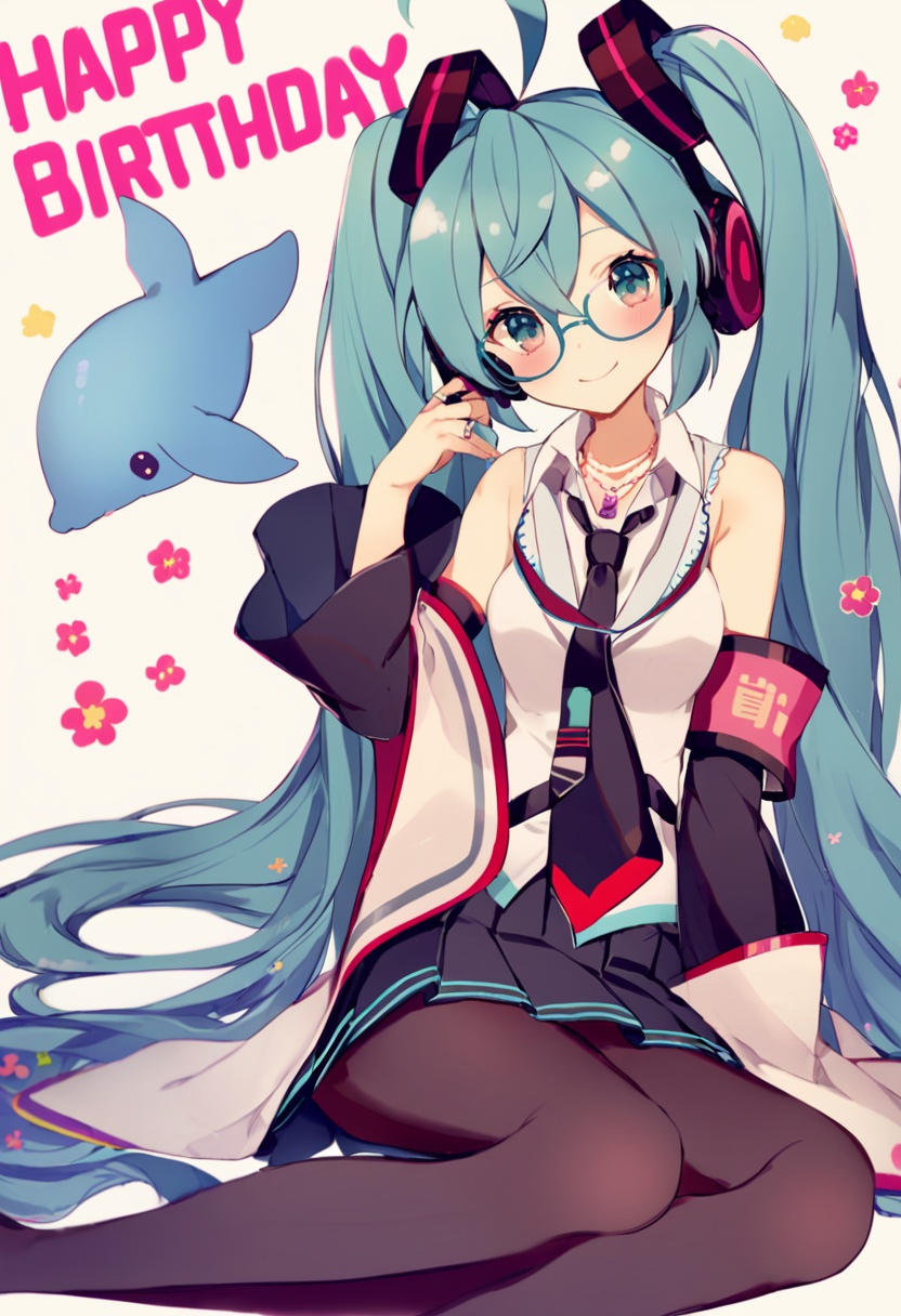 masterpiece, best quality,1girl, hatsune miku,  long hair, twintails, solo, glasses, very long hair, bespectacled, sitting, happy birthday, aqua hair, whale, jewelry, fish, smile, ahoge, aqua eyes, ring, bird, legs, pigeon, blush, pantyhose, headphones, necktie, simple background, necklace, armband, key, absurdly long hair, detached sleeves, skirt, flower <lora:yumenouchiXLlokr-000049:1>