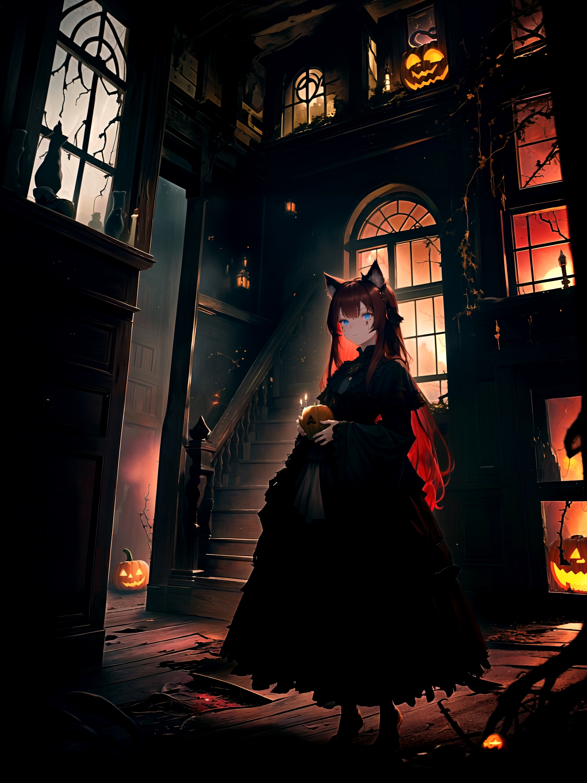 a girl in a Halloween costume,  standing in front of a haunting house adorned with eerie decorations. The girl's costume i...
