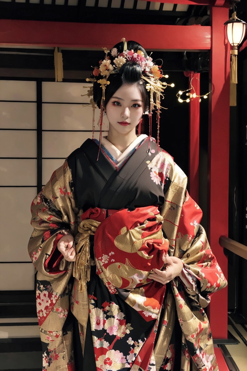 (wsoiran:1.1),1girl,oiran,headpiece,ornate,kimono,hairpin hairpin,hyogo north,oversized clothes,dignified,facing viewer,absurdres,glowing neon lights,reality,foral_background,