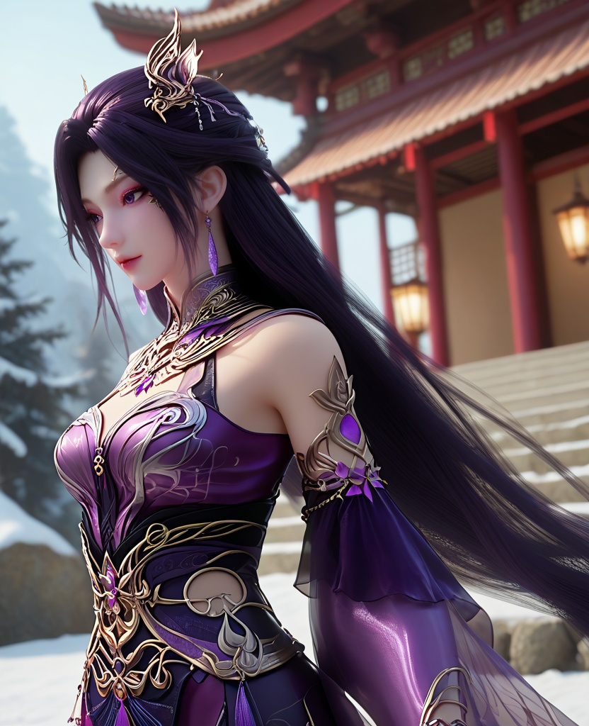 (oriental architecture, elegant decor, sophisticated style:1.1),(skiing:1.1),(breasts:1.2),<lora:XL16长生界燕倾城:0.95>,miss yanqiancheng,purple dress,purple eyes,eyeshadow,very long hair,dark purple hair,hair ornament,earrings,jewelry,bare shoulders,detached sleeves,wristlet,sash,, score_9,score_8_up,score_7_up,score_6_up,score_5_up,score_4_up,3d rendering,tag1,tag2, Cinematic Lighting,backlighting,