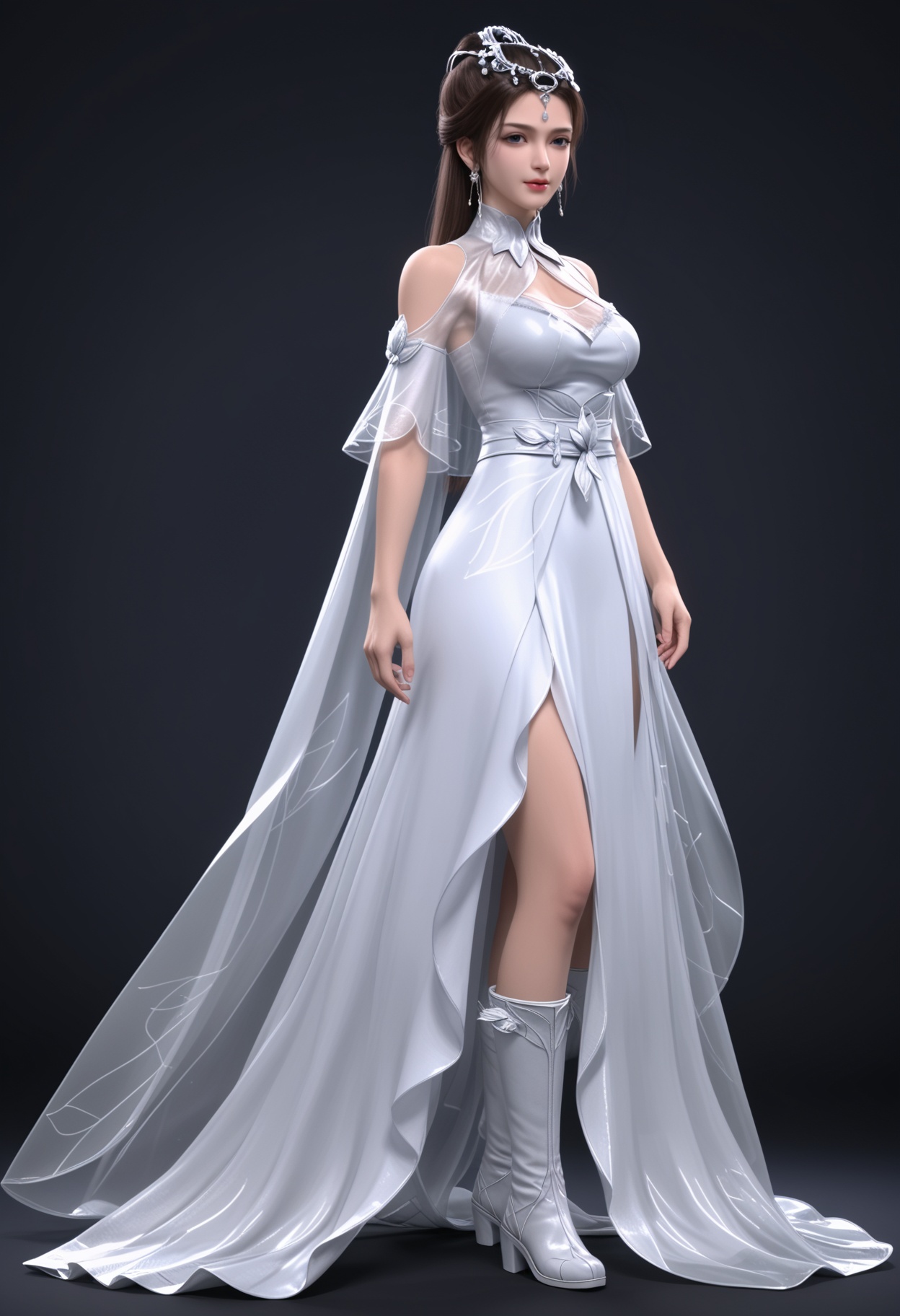 (full body:1.1),78.<lora:YQponyguxiaosangV2:0.8>,(q1528437228:1.3),1girl,solo,dress,long_hair,white_dress,hair_ornament,jewelry,earrings,black_hair,clothing_cutout,brown_hair,blue_eyes,tiara,ponytail,shoulder_cutout,bare_shoulders,hair_bun,boots,see-through,cape,facial_mark,,(huge breasts:0.8),(looking_at_viewer:1.1),(mature female:1.3),BREAK intricate details,shiny_skin,solo focus,perfect_anatomy,(score_9:1.3),(simple background:-1),(blurry:-1.2),(masterpiece:1.3),(best quality:1.3),(simple background,pure black background,black background:1.1),
