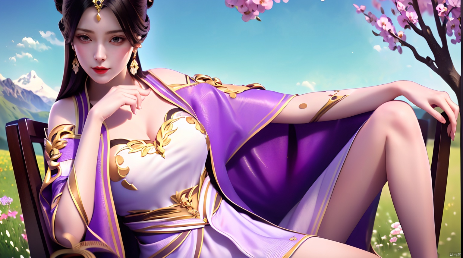 best quality, masterpiece, illustration, (reflection light), incredibly absurdres, ((Movie Poster), (signature:1.3), (English text),girl middle of flower, pure sky,clear sky, outside, collarbone, sitting, absurdly long hair, ground of flowers, thousand of flowers, colorful flowers, flowers around her, various flowers,dynamic pose,dynamic angle,((poakl)),Mountains, water, meadows,1girl,solo,black hair,hair ornament,dress,jewelry,earrings,jewelry,hair bun,red lips,long hair,dynamic pose,dynamic angle,yuanzheng,Sit on the chair,chair<lora:EMS-267958-EMS:0.700000>, <lora:EMS-395857-EMS:0.800000>