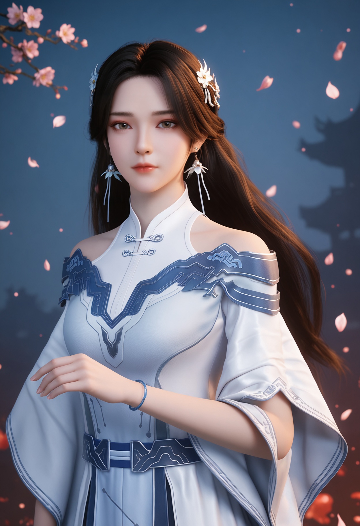 (upper_body:1.2),(looking at viewer:1.1),masterpiece,(best quality),smog,Dark room,dim lighting,peach blossom,falling petals,<lora:YQ_Illustrious光辉v5_李小曼_V1:0.8>,q1528437228,1girl,solo,jewelry,dress,long hair,hair ornament,earrings,white dress,black hair,bracelet,brown hair,chinese clothes,white footwear,long sleeves,brown eyes,boots,blue eyes,wide sleeves,blue dress,grey footwear,hair flower,shoes,