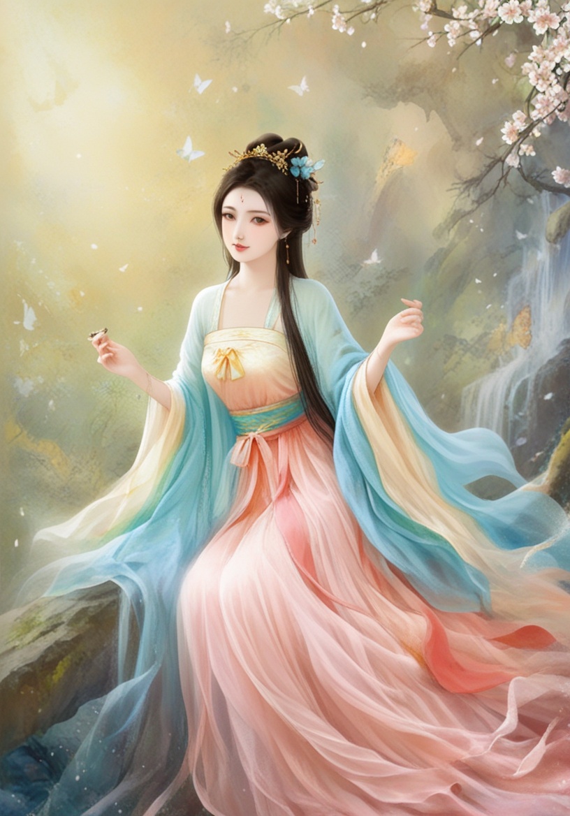 (best quality,4k,8k,highres,masterpiece:1.2),ultra-detailed,1girl,barefoot,blue butterfly,blue sky,branch,breasts,bug,butterfly,butterfly on hand,butterfly wings,cherry blossoms,chinese clothes,day,flower,glowing butterfly,green dress,jewelry,long hair,petals,sitting,solo,tree,white butterfly,wide sleeves,window,yellow butterfly,anime girl in green dress sitting on a bed with a butterfly flying overhead,xianxia,beautiful asian woman sitting,xianxia fantasy,Xia Gui,palace,a girl in hanfu,full body xianxia,chinese style painting,beautiful detailed background,anime woman fullbody art,((a beautiful fantasy empress)),chinese artist,chinese art,beautiful character painting,xianxia hero,realistic.chinese dress,heise-lian yan fang,seductive seated pose,chinese fantasy,traditional chinese art,dramatic portraiture of uuen,in style of fenghua zhong,Xia Shuwen,a beautiful fantasy empress,serene illustration, <lora:20241003-1727962617773:0.7><lora:akiy:0.6> <lora:aki-000009:0.4> <lora:20241003-1727962617773:0.5>