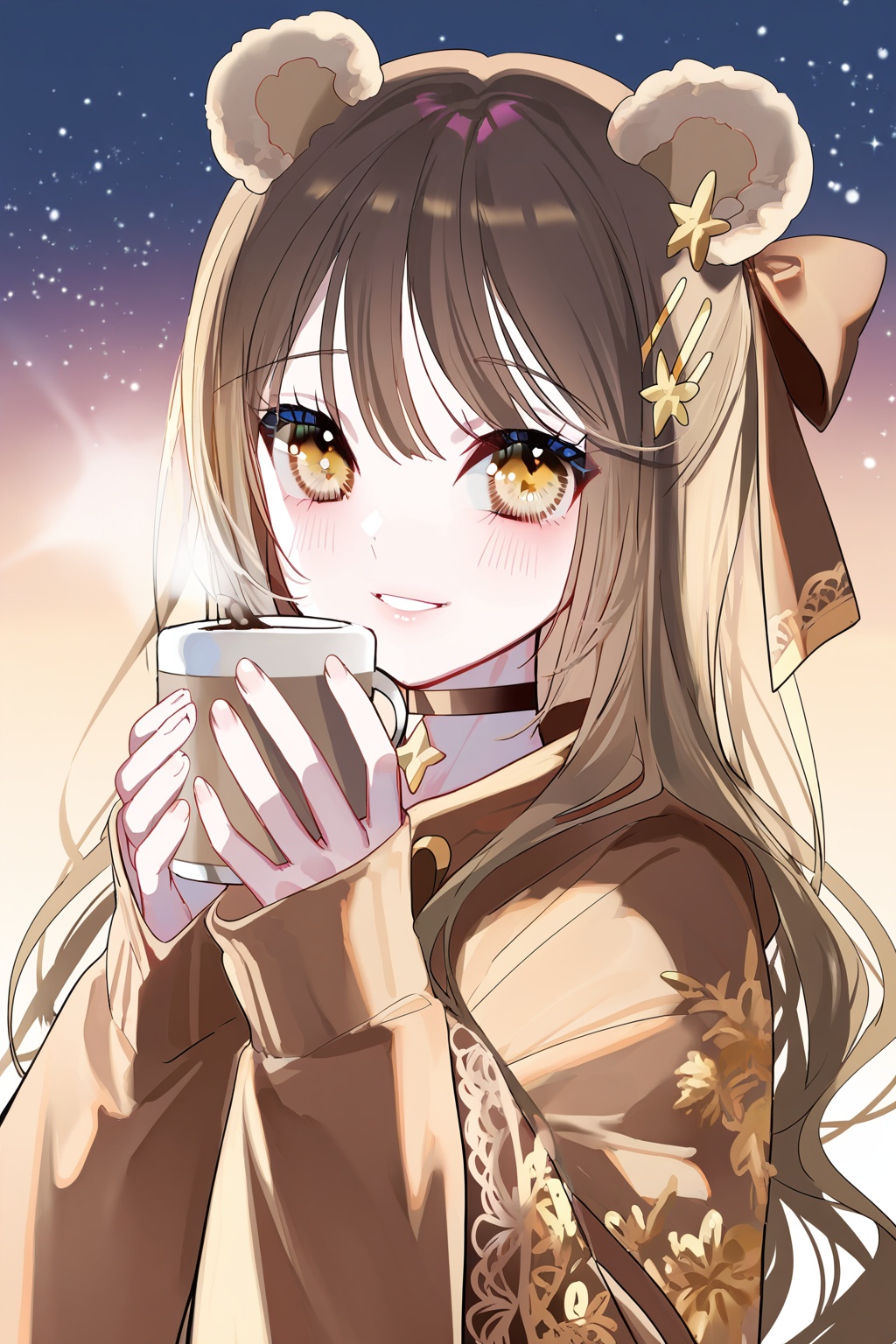 solo, 1girl, long brown hair (wavy with bangs), gradient brown-amber eyes, looking at viewer, hair clip (amber flower + gold), holding a cup of hot chocolate (with marshmallows), upper_body, bear ears (light brown fur), lace-trimmed brown long sleeves, star hair ornament (gold), sparkle_background (brown-amber starlets), choker (brown ribbon with amber pendant), smile<lora:meiheyeragu-000170:1>,
